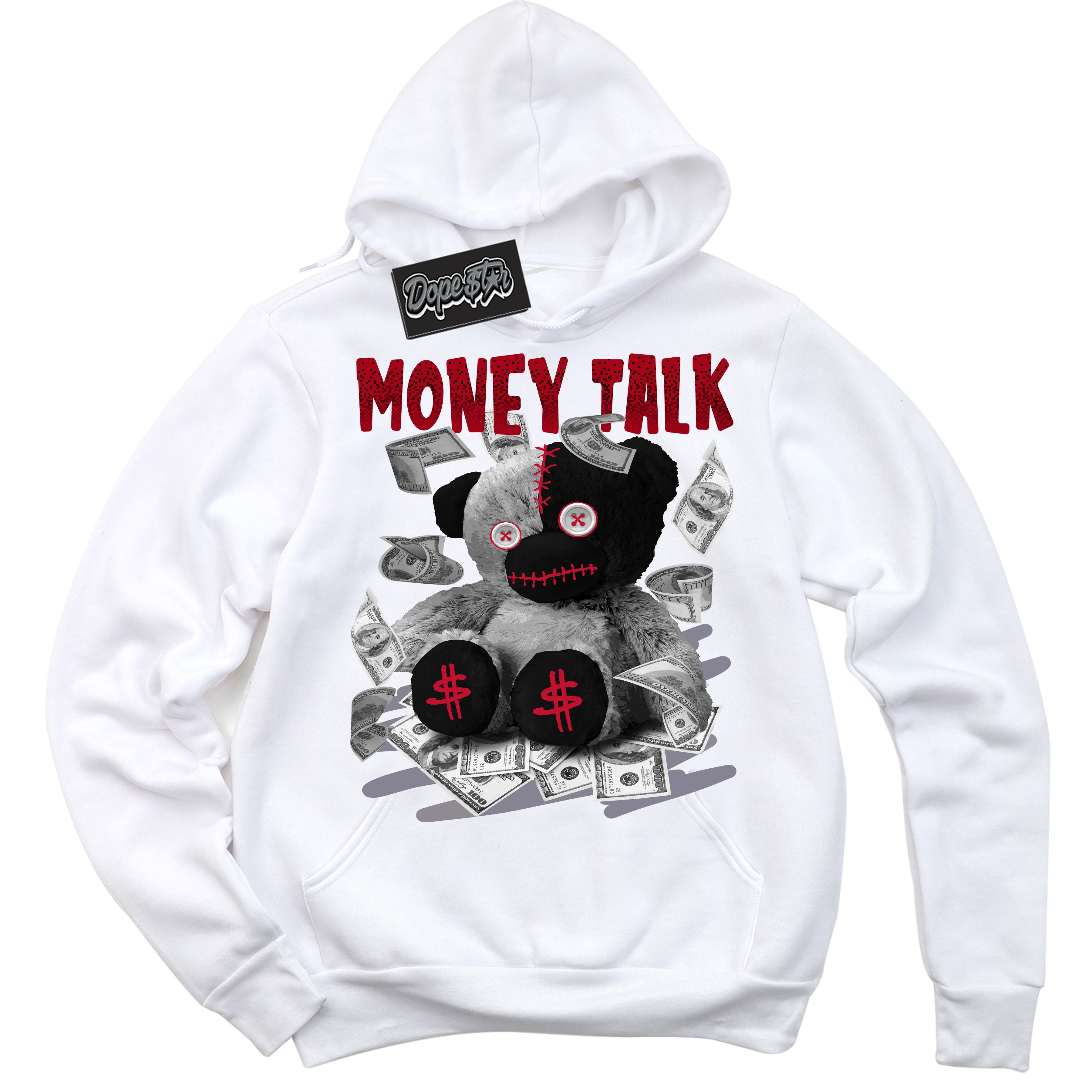 Cool White Hoodie with “ Money Talk Bear '' design that Perfectly Matches Cement Grey Fire Red 1s Sneakers.