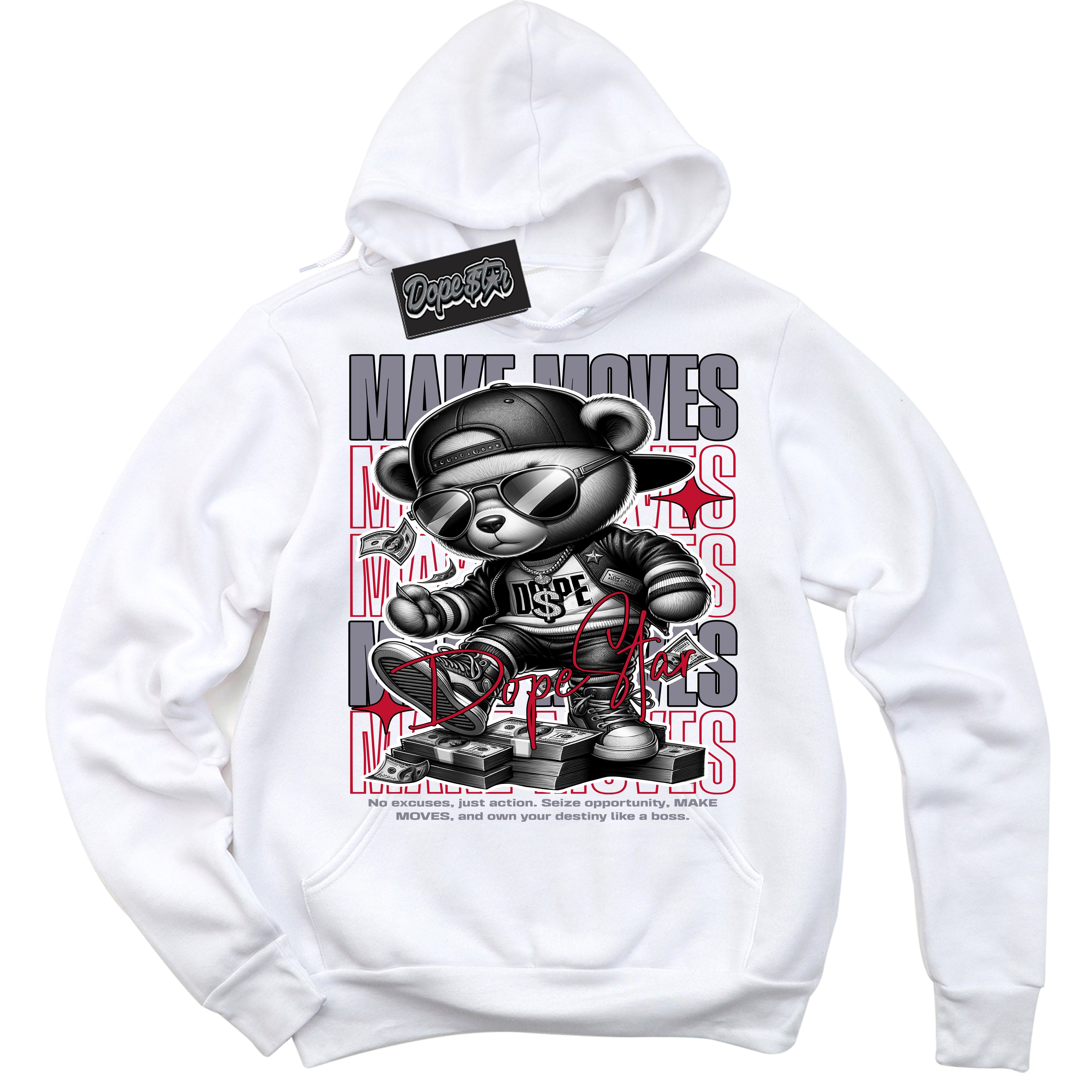 Cool White Hoodie with “ Makin Moves ” design that Perfectly Matches Cement Grey Fire Red 1s Sneakers.