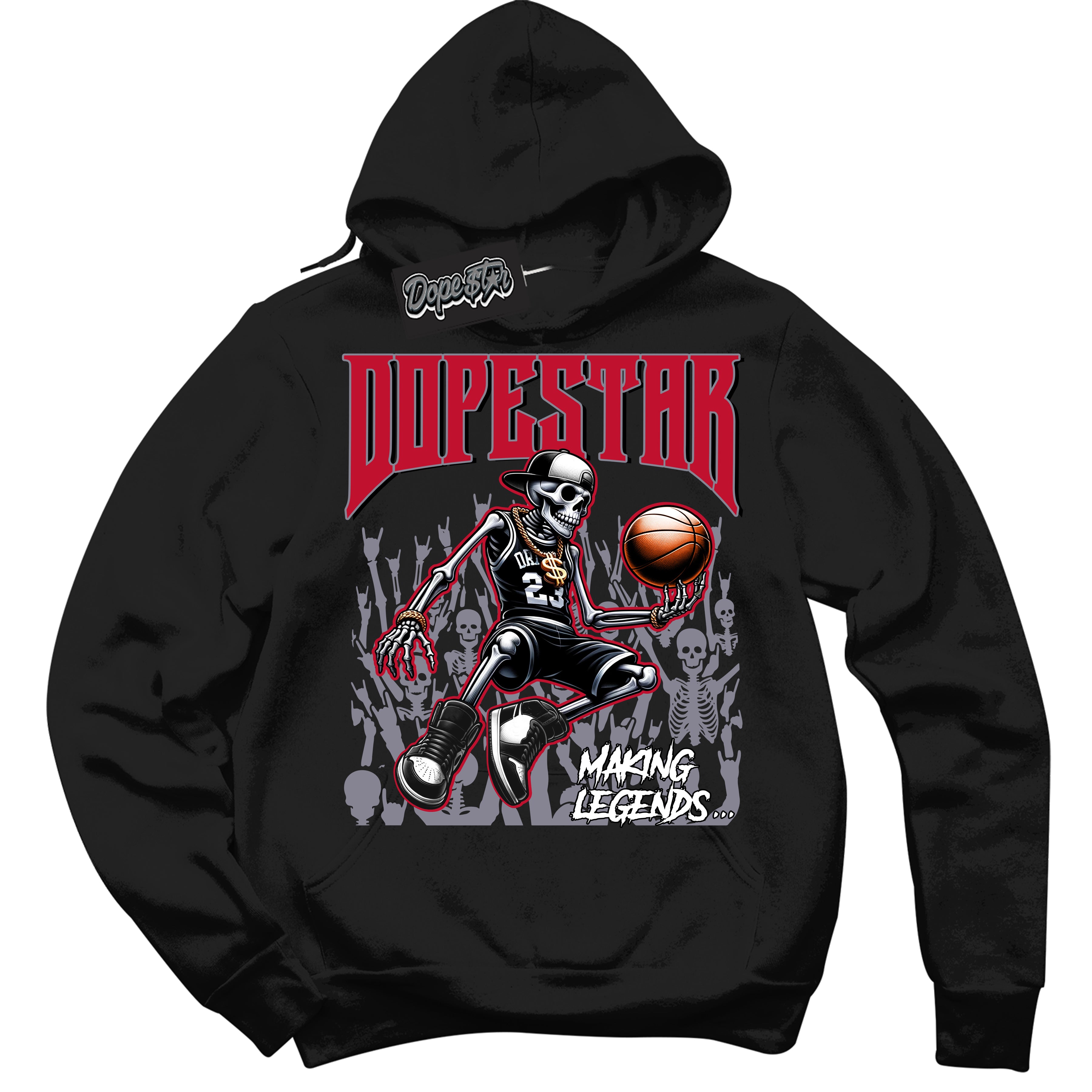 Cool Black Hoodie with “ Making Legends ” design that Perfectly Matches Cement Grey Fire Red 1s Sneakers.