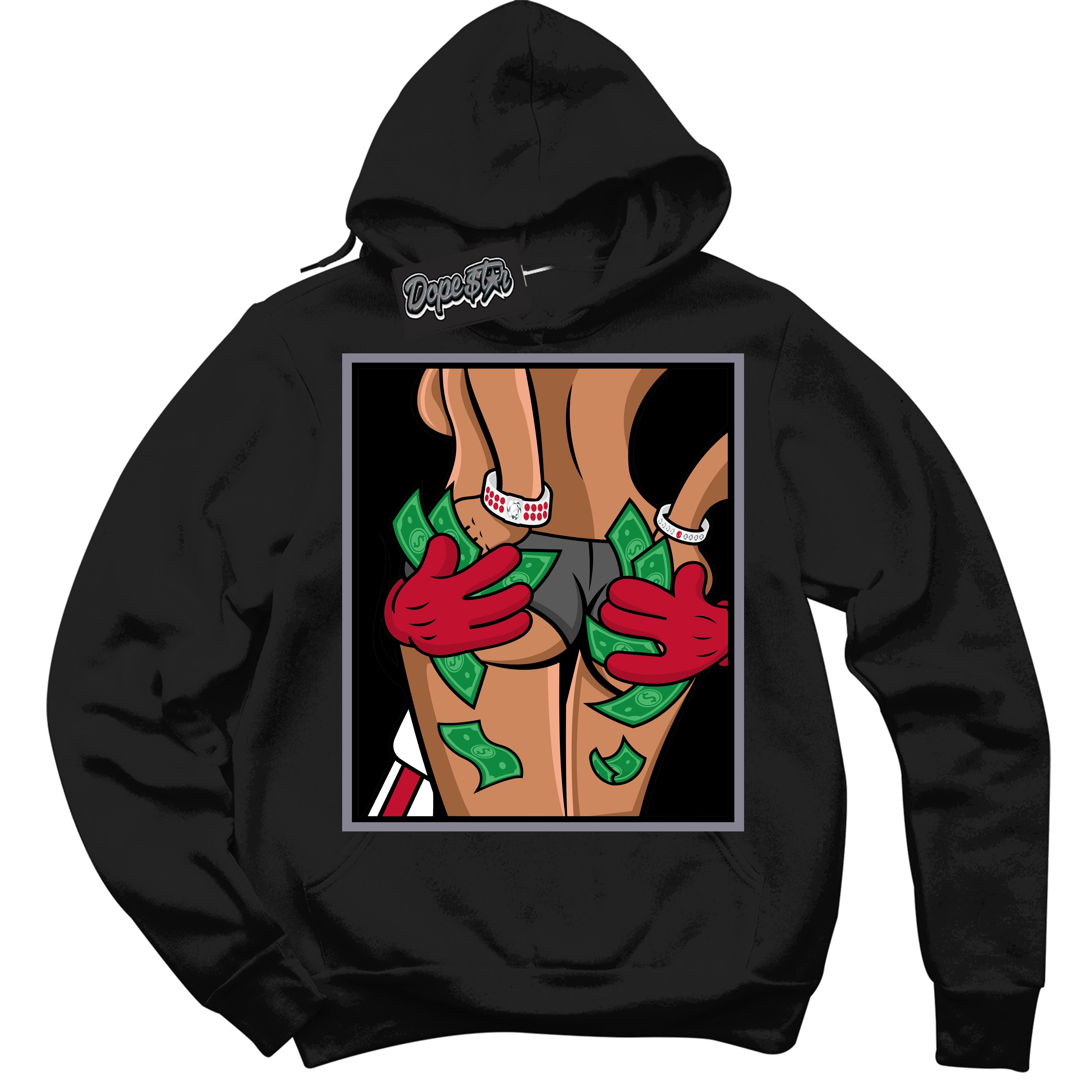 Cool Black Hoodie with “ Money Hands '' design that Perfectly Matches Cement Grey Fire Red 1s Sneakers.