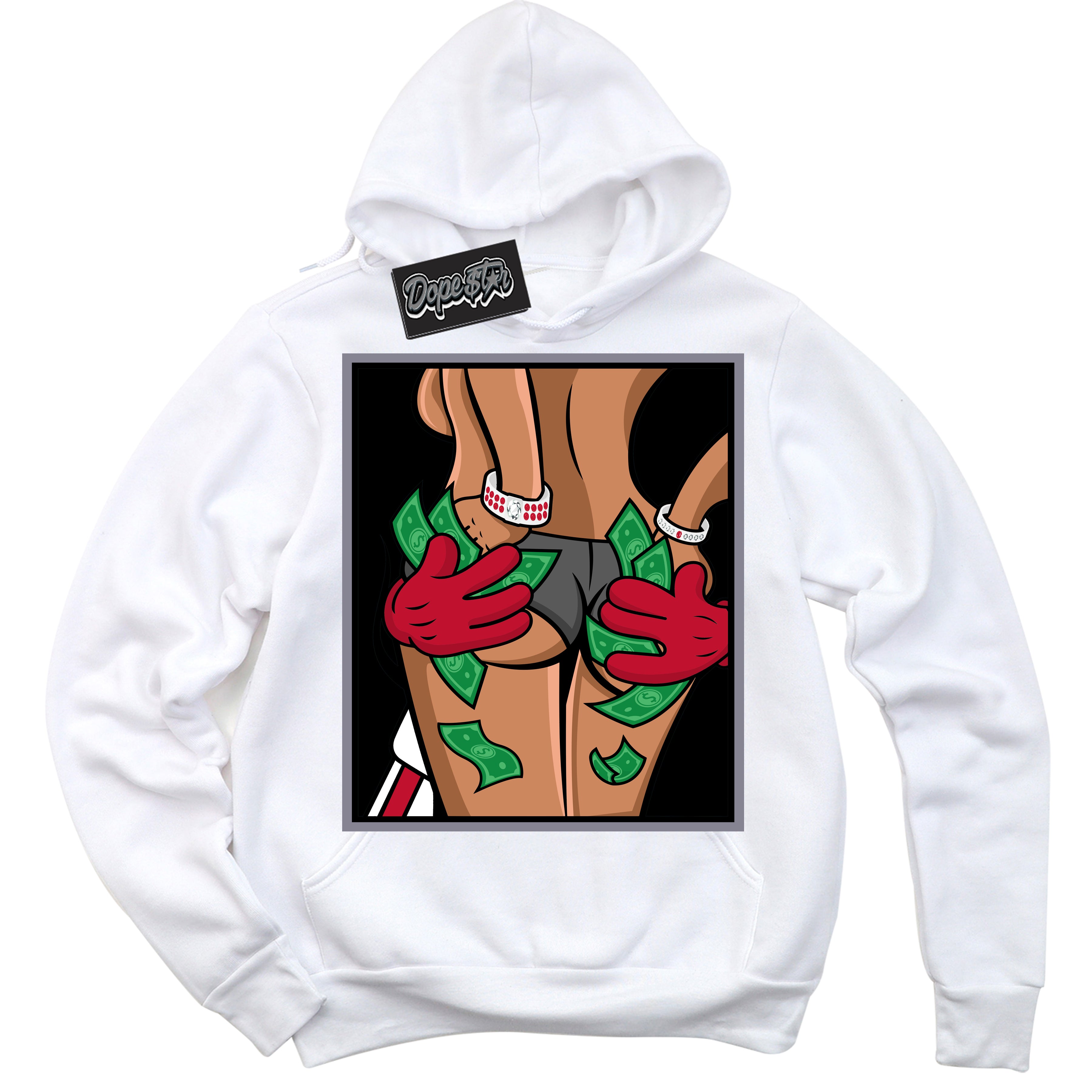 Cool White Hoodie with “ Money Hands '' design that Perfectly Matches Cement Grey Fire Red 1s Sneakers.