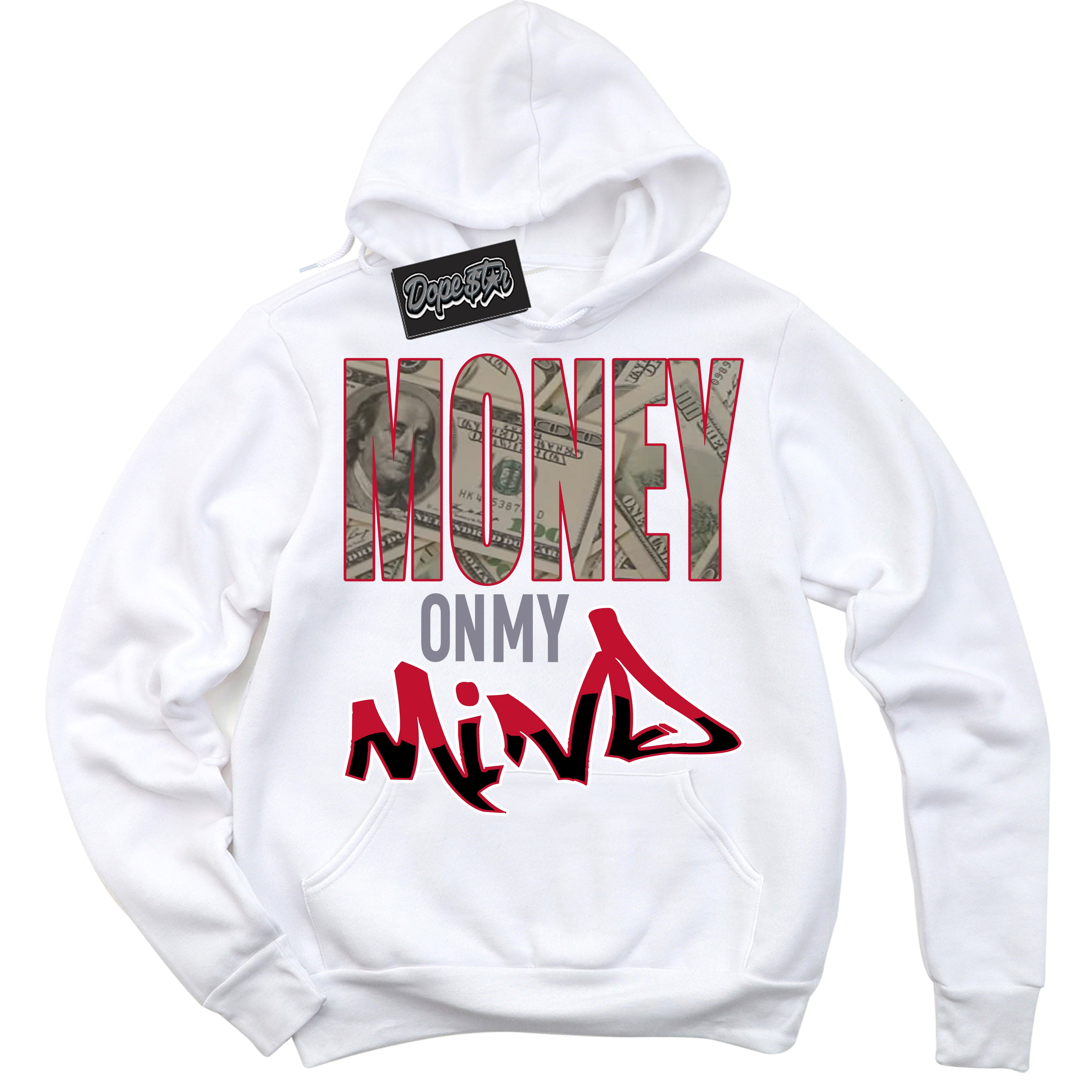 Cool White Hoodie with “ Money On My Mind '' design that Perfectly Matches Cement Grey Fire Red 1s Sneakers.