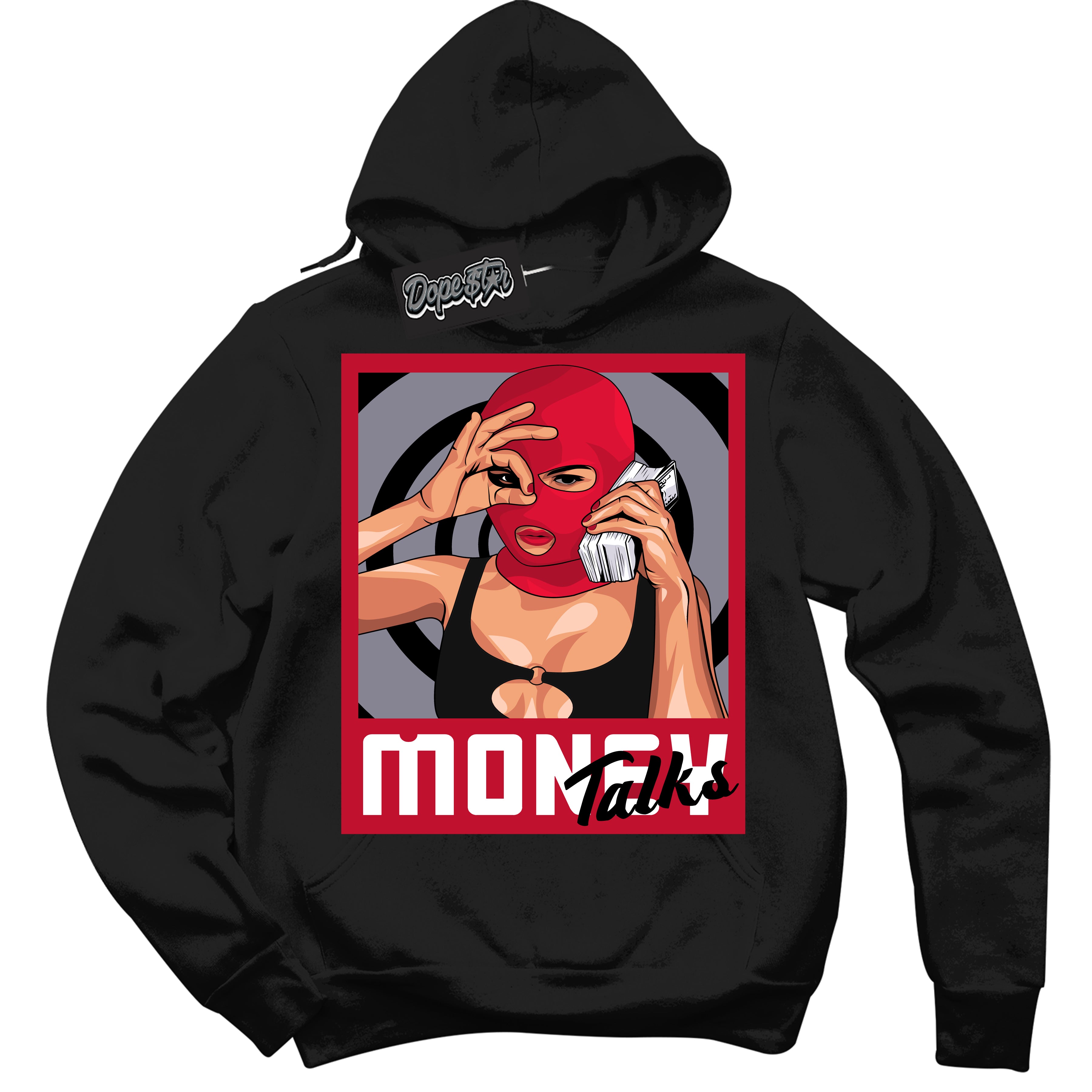 Cool Black Hoodie with “ Money Talks '' design that Perfectly Matches Cement Grey Fire Red 1s Sneakers.