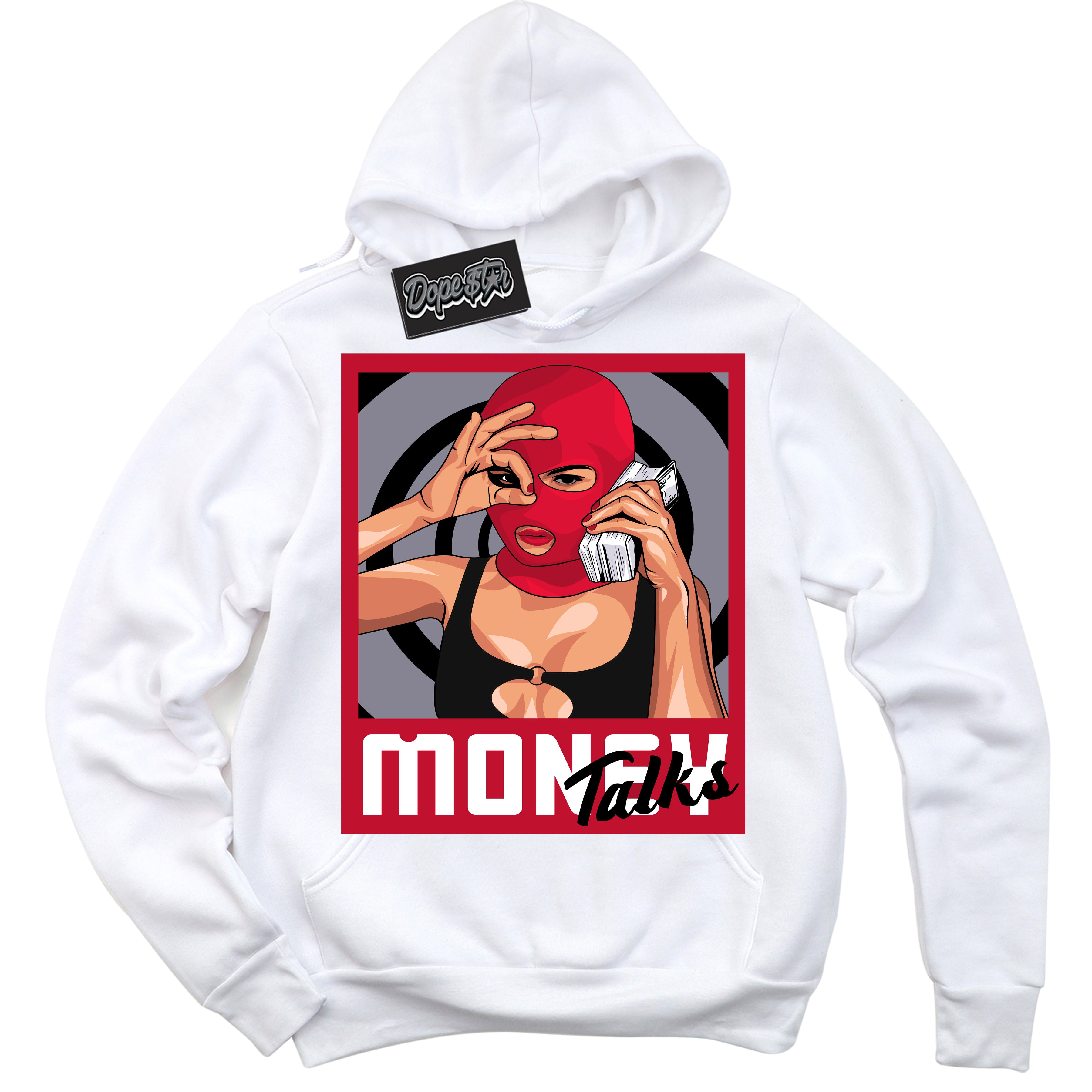 Cool White Hoodie with “ Money Talks '' design that Perfectly Matches Cement Grey Fire Red 1s Sneakers.