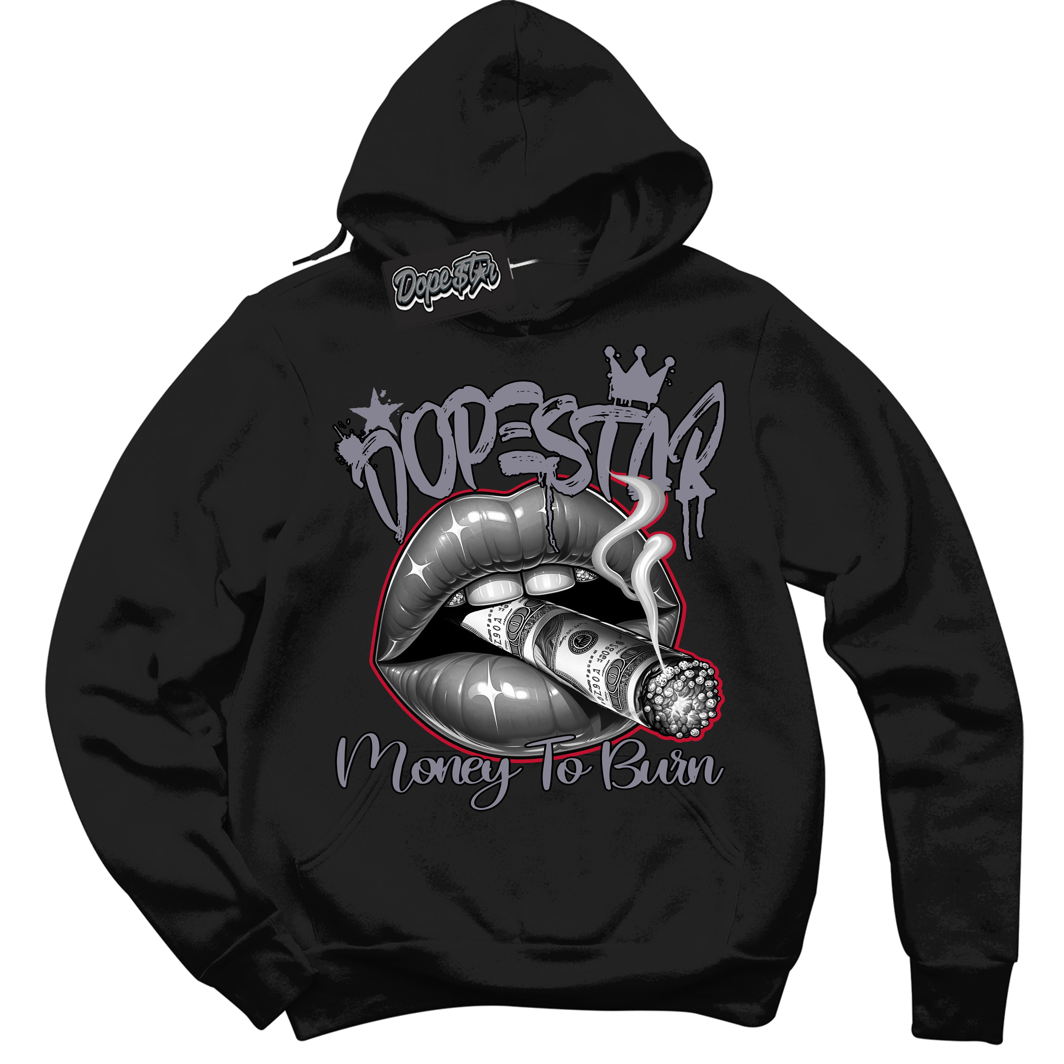 Cool Black Hoodie with “ Money To Burn ” design that Perfectly Matches Cement Grey Fire Red 1s Sneakers.