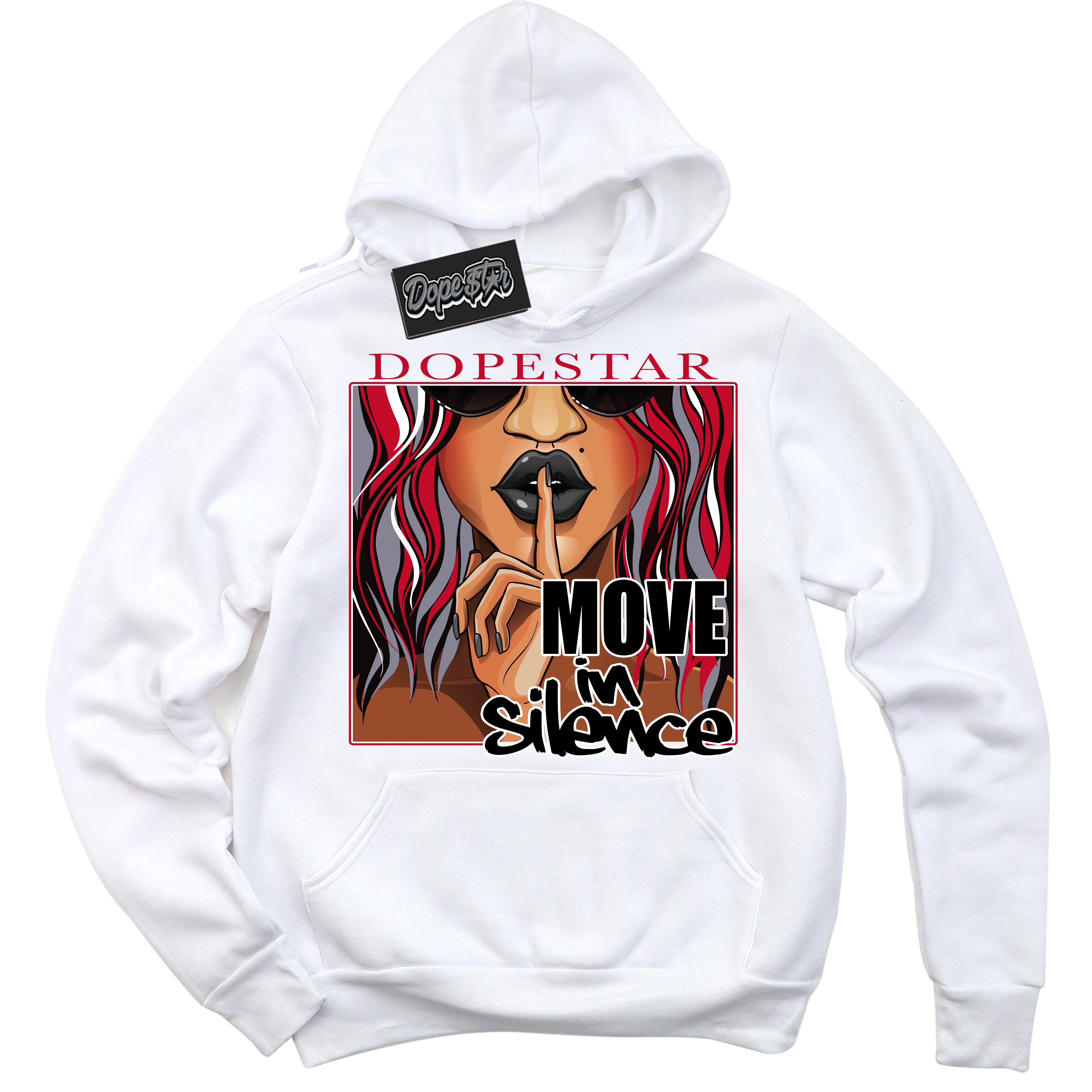 Cool White Hoodie with “ Move In Silence '' design that Perfectly Matches Cement Grey Fire Red 1s Sneakers.