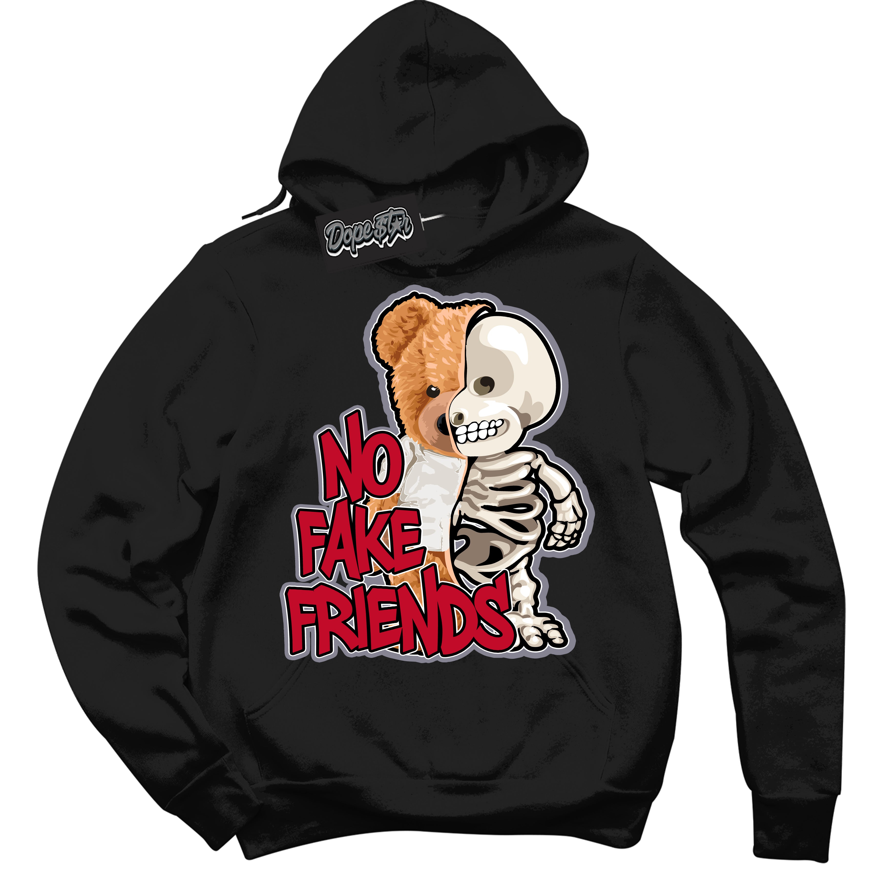 Cool Black Hoodie with “ No Fake Friends '' design that Perfectly Matches Cement Grey Fire Red 1s Sneakers.