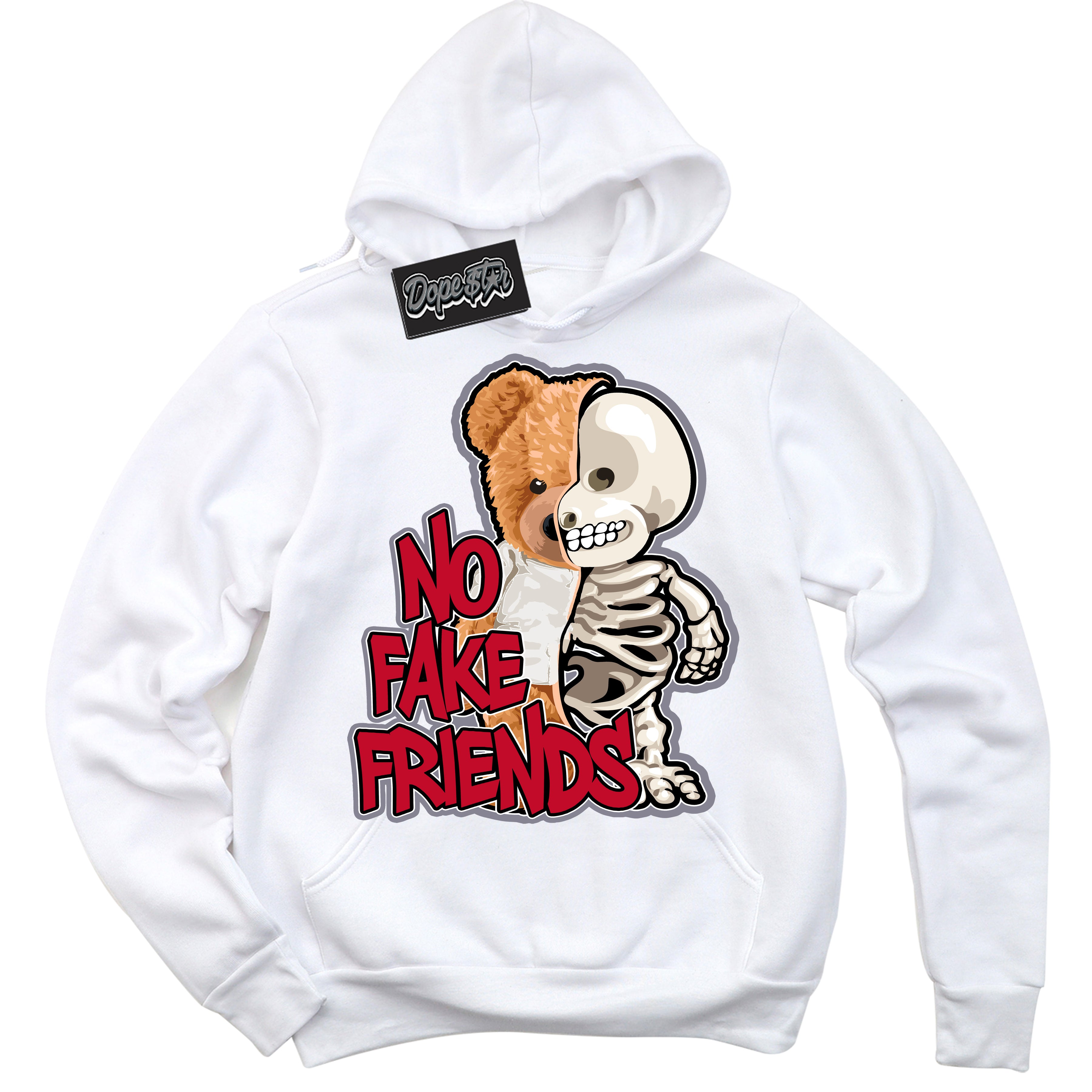 Cool White Hoodie with “ No Fake Friends '' design that Perfectly Matches Cement Grey Fire Red 1s Sneakers.