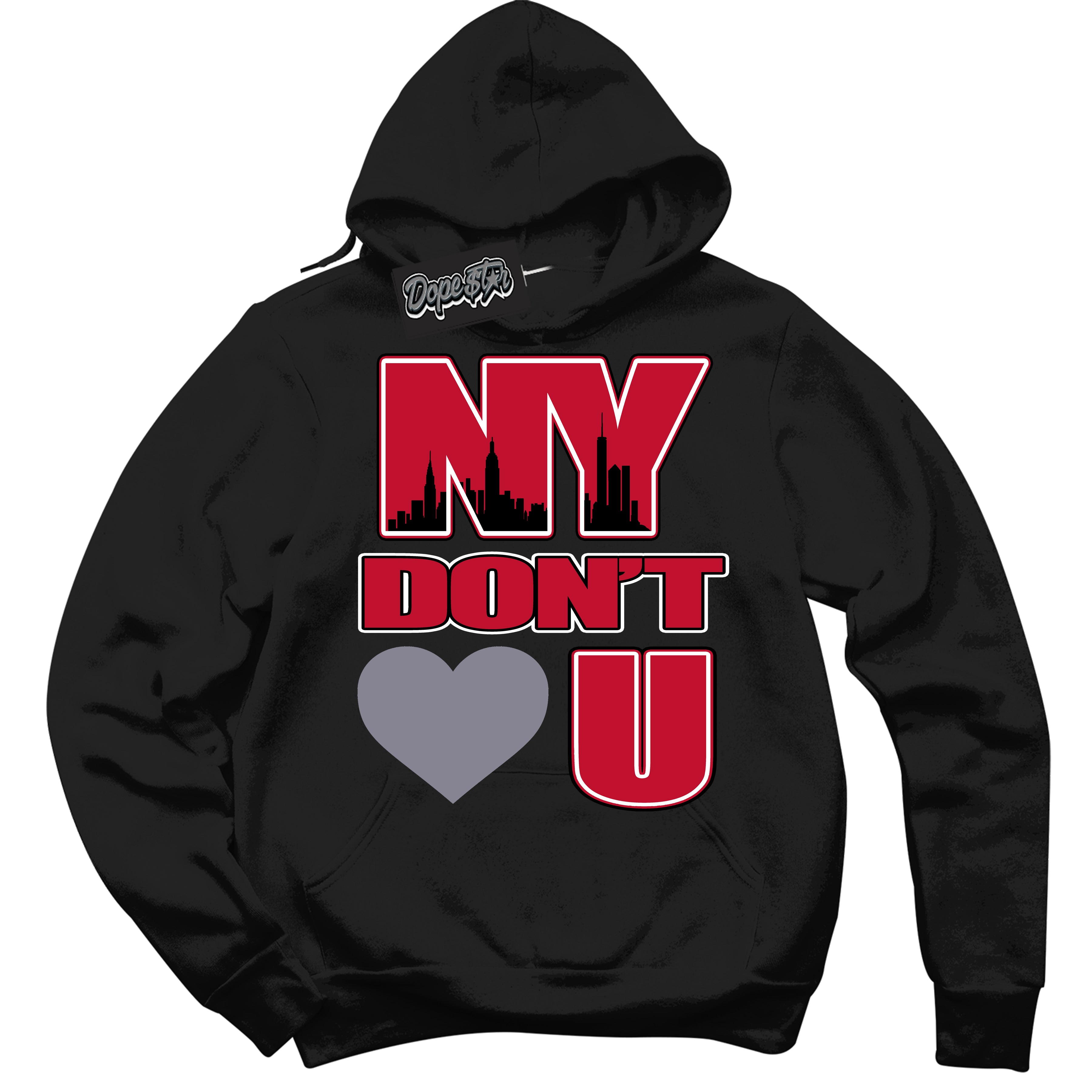 Cool Black Hoodie with “ NY Don't Love You '' design that Perfectly Matches Cement Grey Fire Red 1s Sneakers.