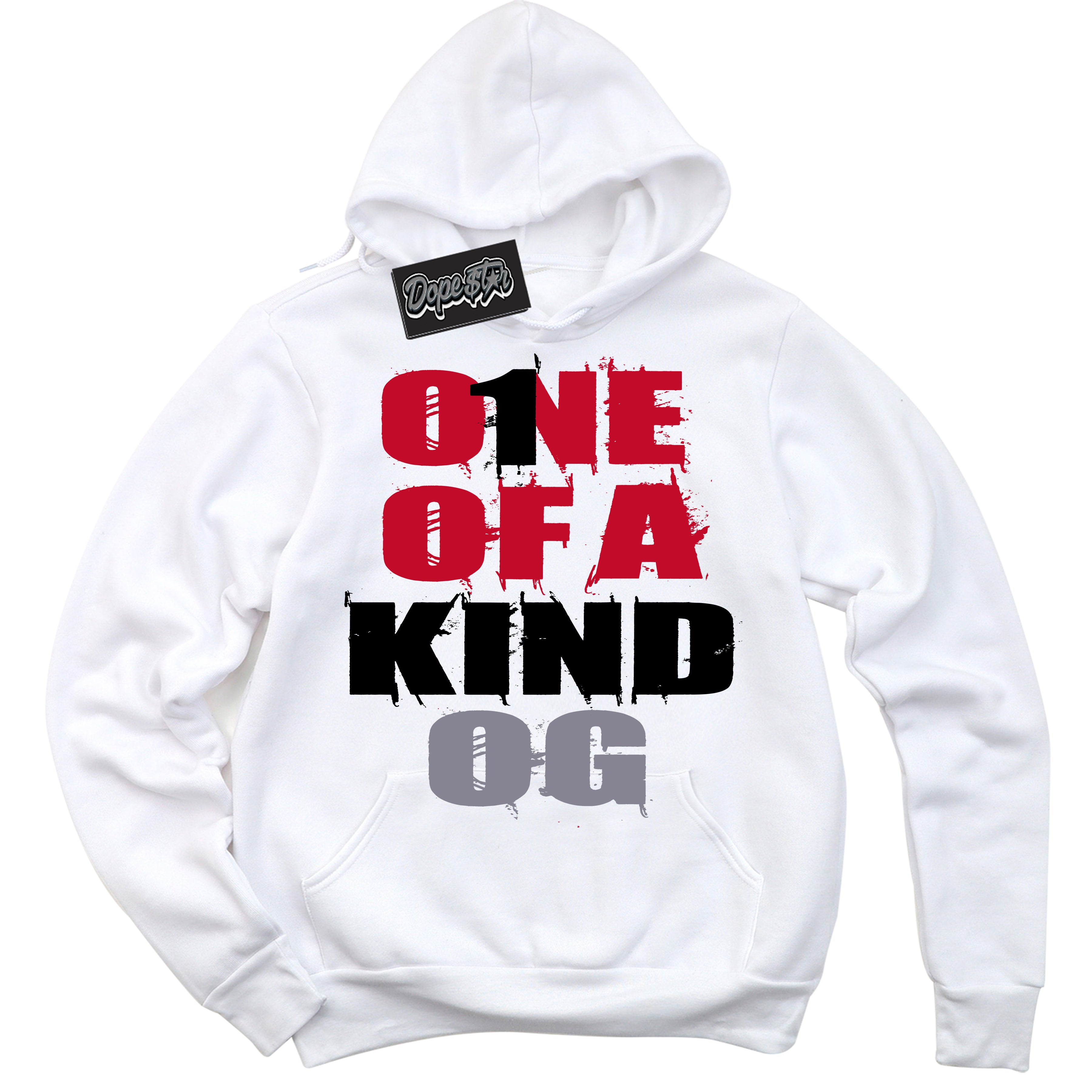Cool White Hoodie with “ One Of A Kind '' design that Perfectly Matches Cement Grey Fire Red 1s Sneakers.