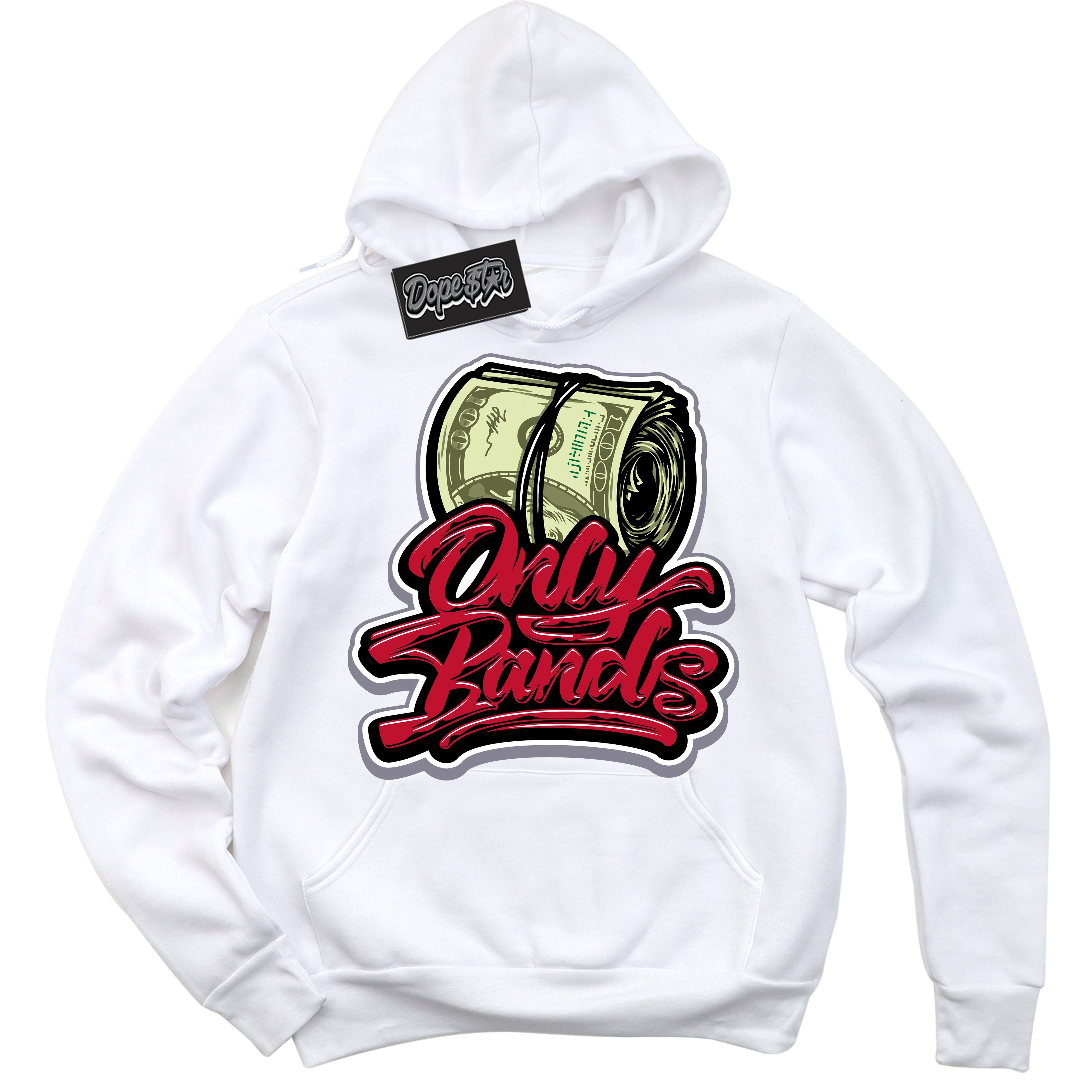 Cool White Hoodie with “ Only Bands '' design that Perfectly Matches Cement Grey Fire Red 1s Sneakers.