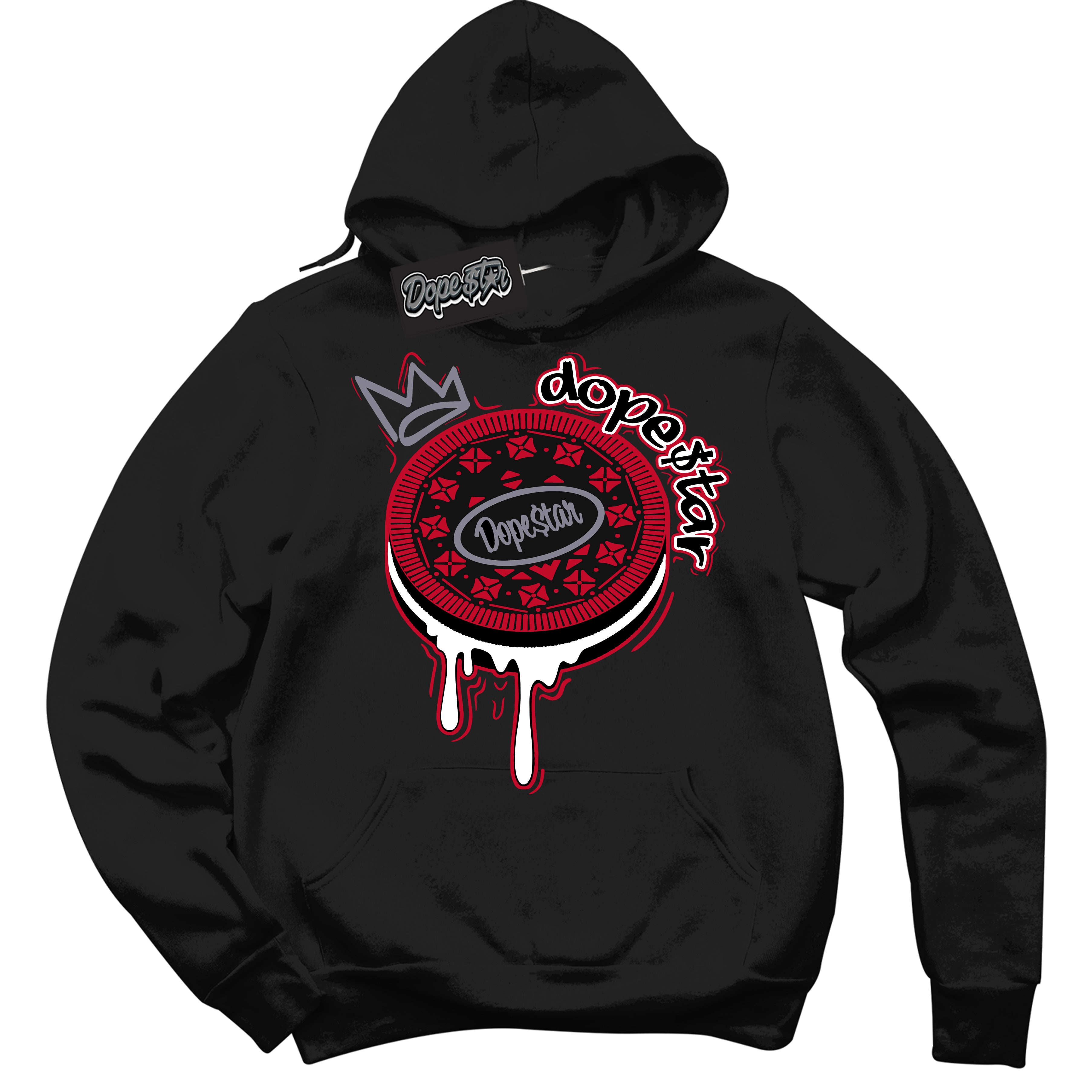 Cool Black Hoodie with “ Oreo DS '' design that Perfectly Matches Cement Grey Fire Red 1s Sneakers.