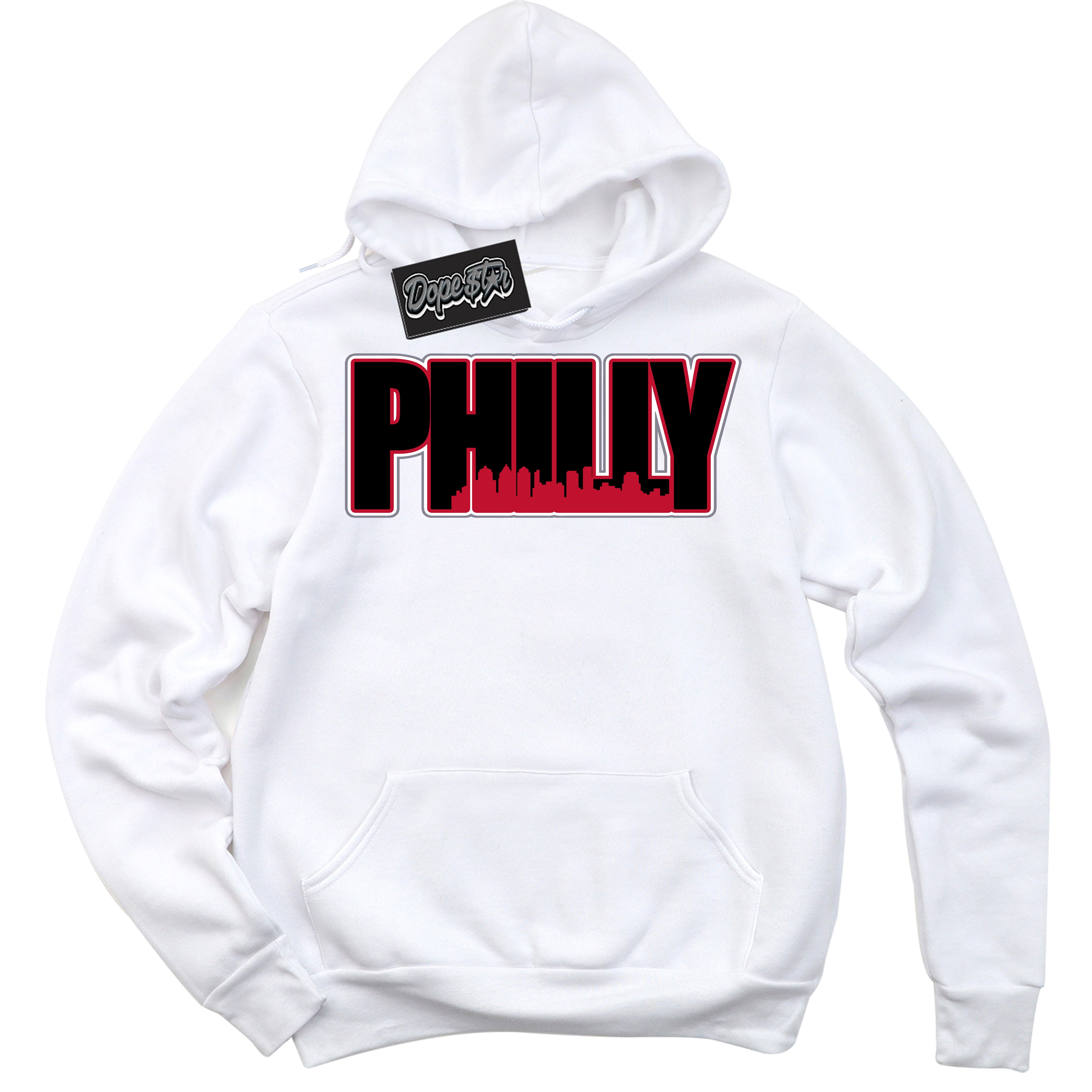 Cool White Hoodie with “ Philly '' design that Perfectly Matches Cement Grey Fire Red 1s Sneakers.