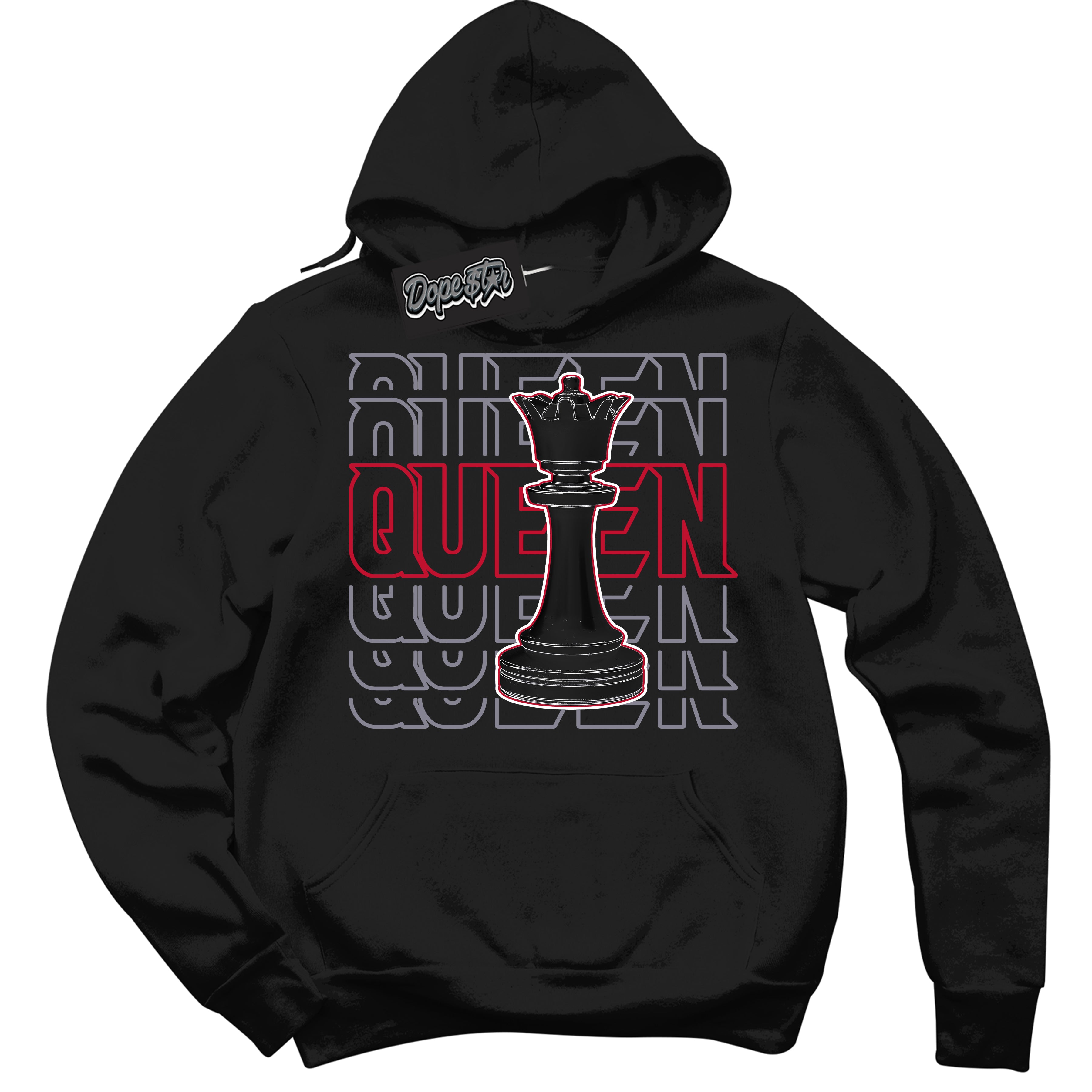 Cool Black Hoodie with “ Queen Chess '' design that Perfectly Matches Cement Grey Fire Red 1s Sneakers.