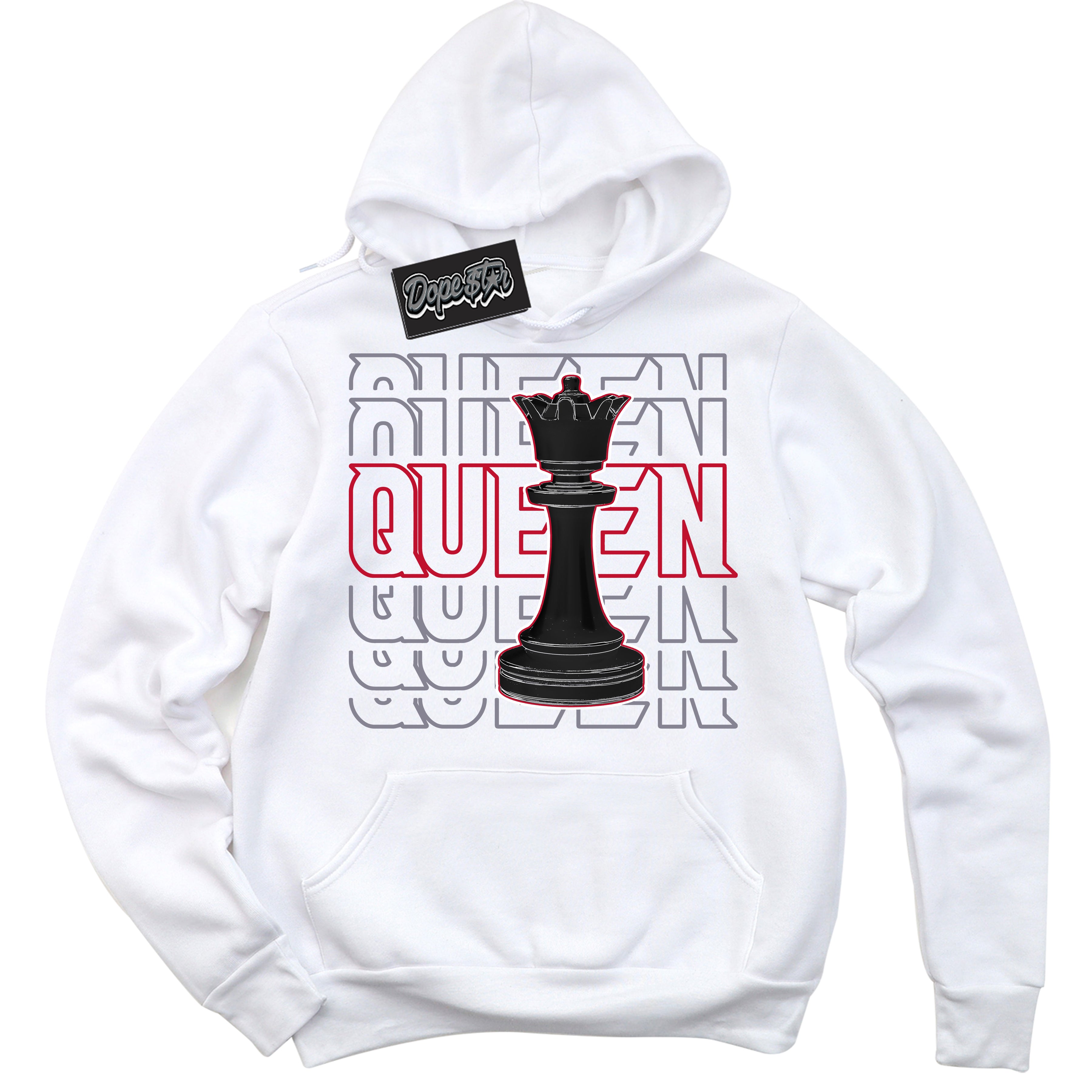 Cool White Hoodie with “ Queen Chess '' design that Perfectly Matches Cement Grey Fire Red 1s Sneakers.