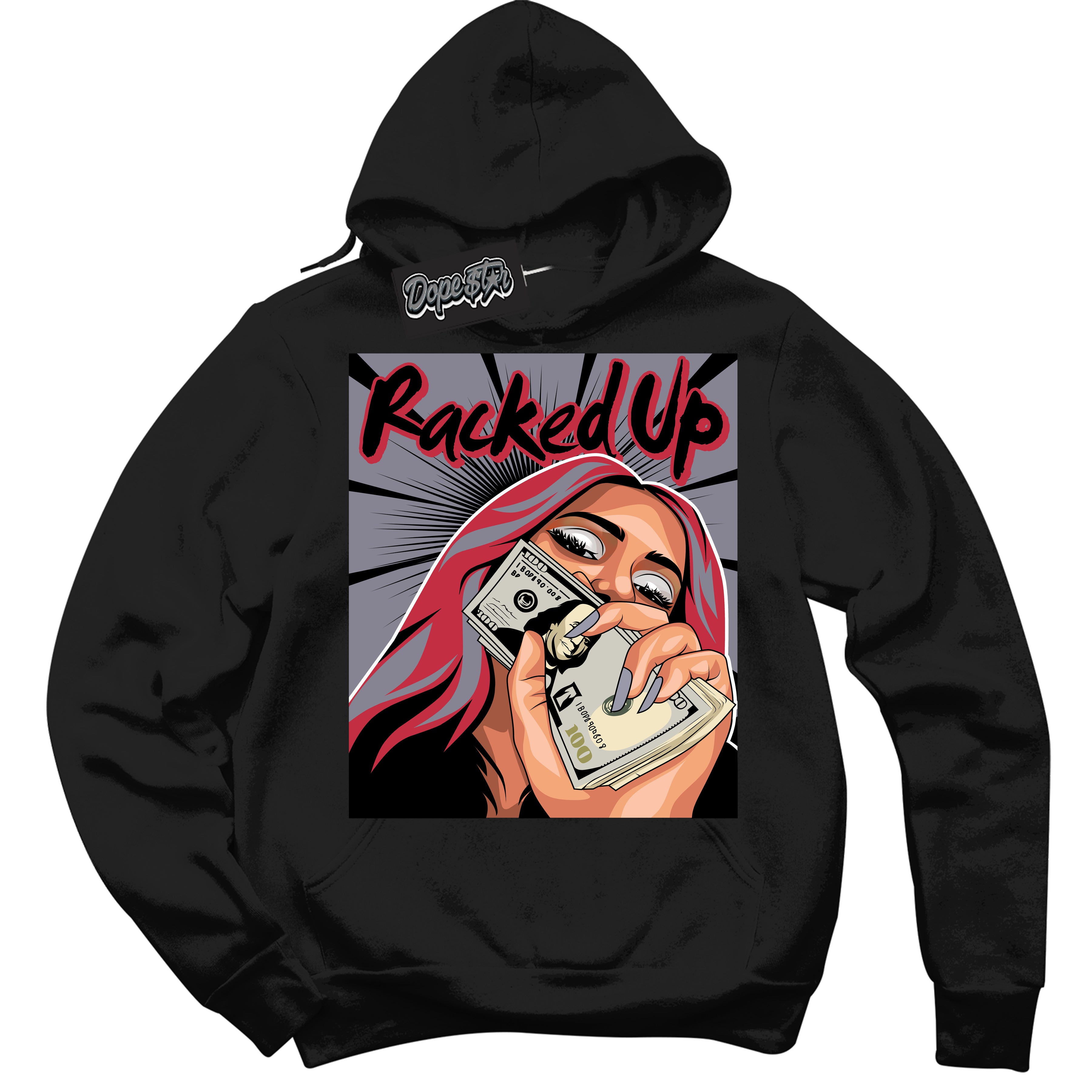 Cool Black Hoodie with “ Racked Up '' design that Perfectly Matches Cement Grey Fire Red 1s Sneakers.