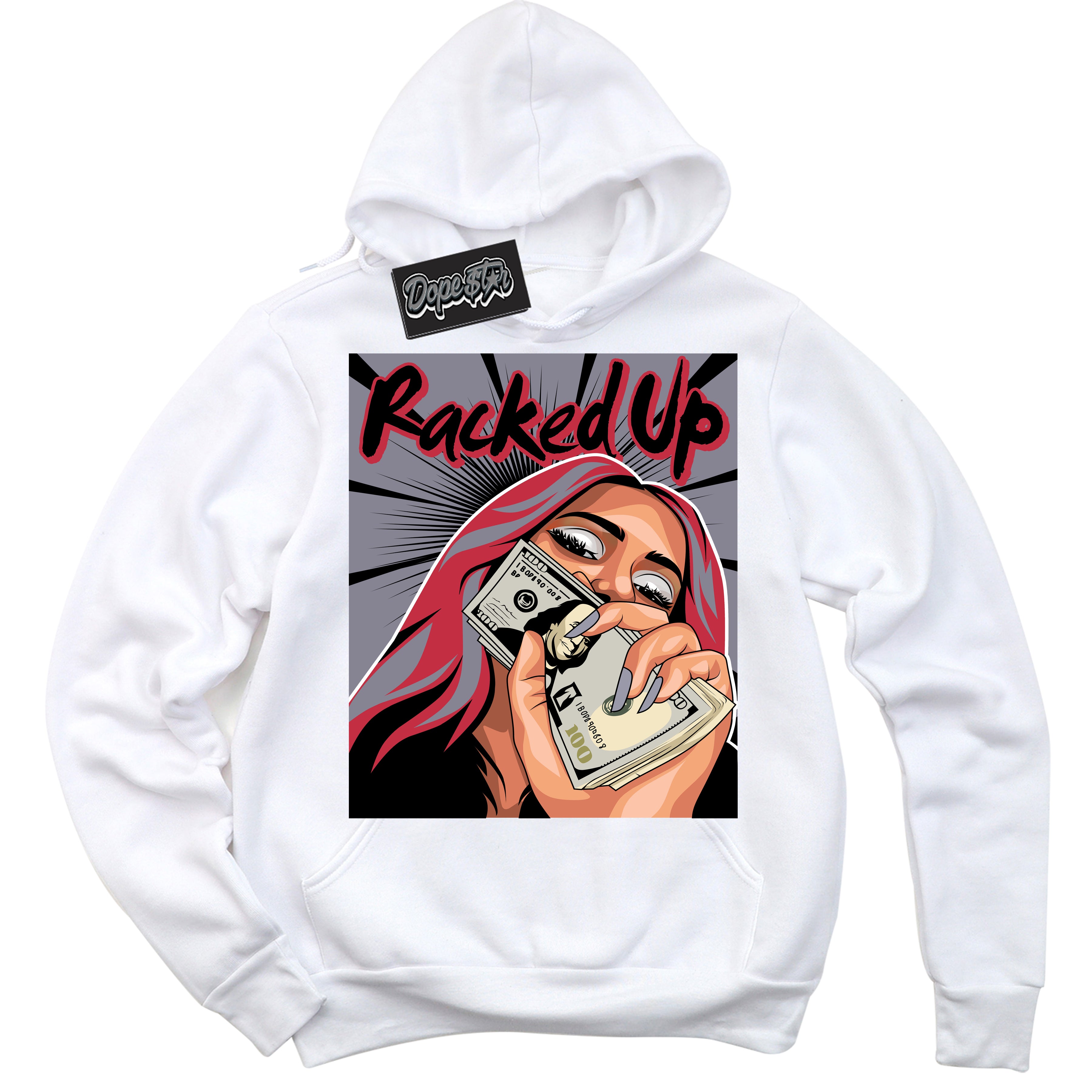 Cool White Hoodie with “ Racked Up '' design that Perfectly Matches Cement Grey Fire Red 1s Sneakers.