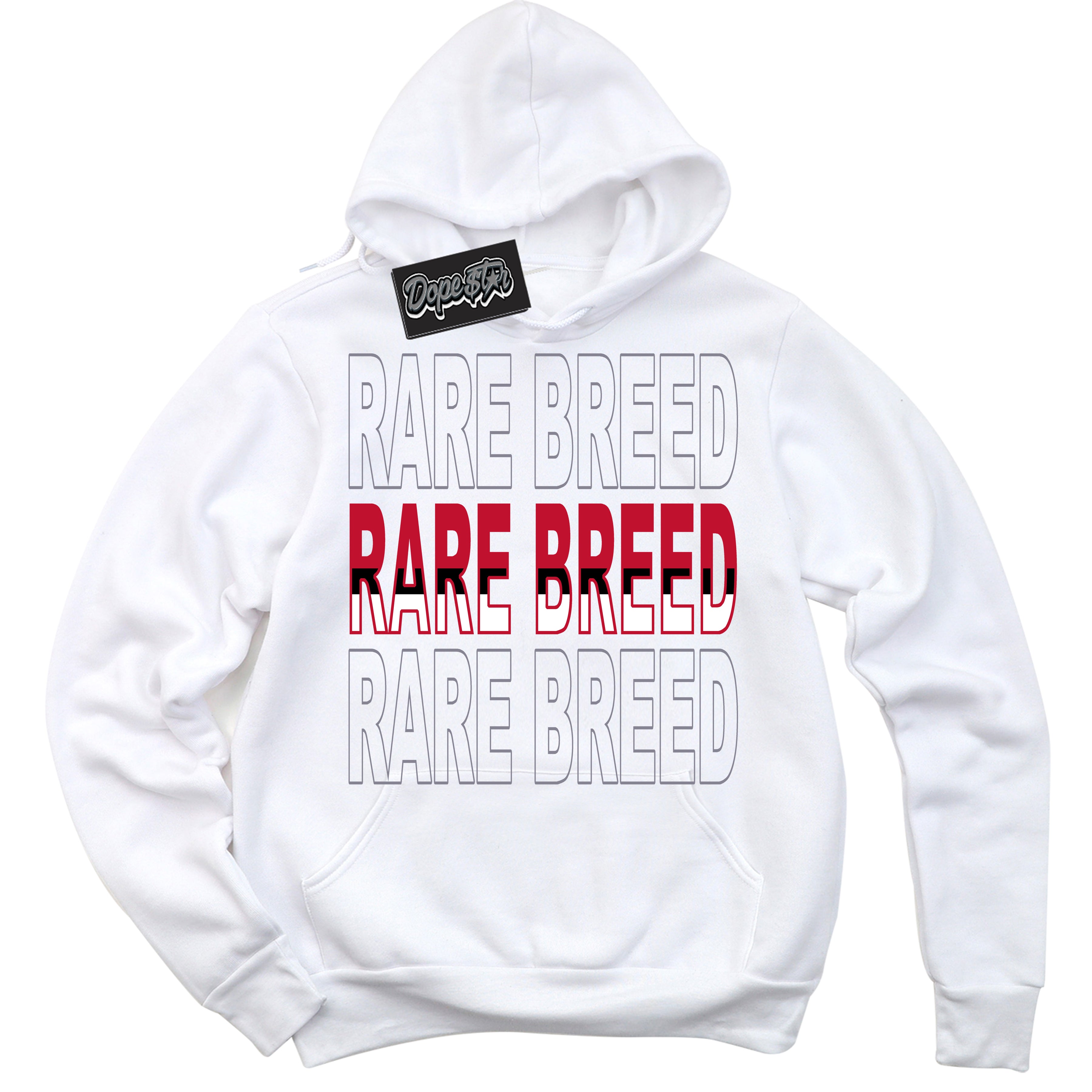 Cool White Hoodie with “ Rare Breed '' design that Perfectly Matches Cement Grey Fire Red 1s Sneakers.