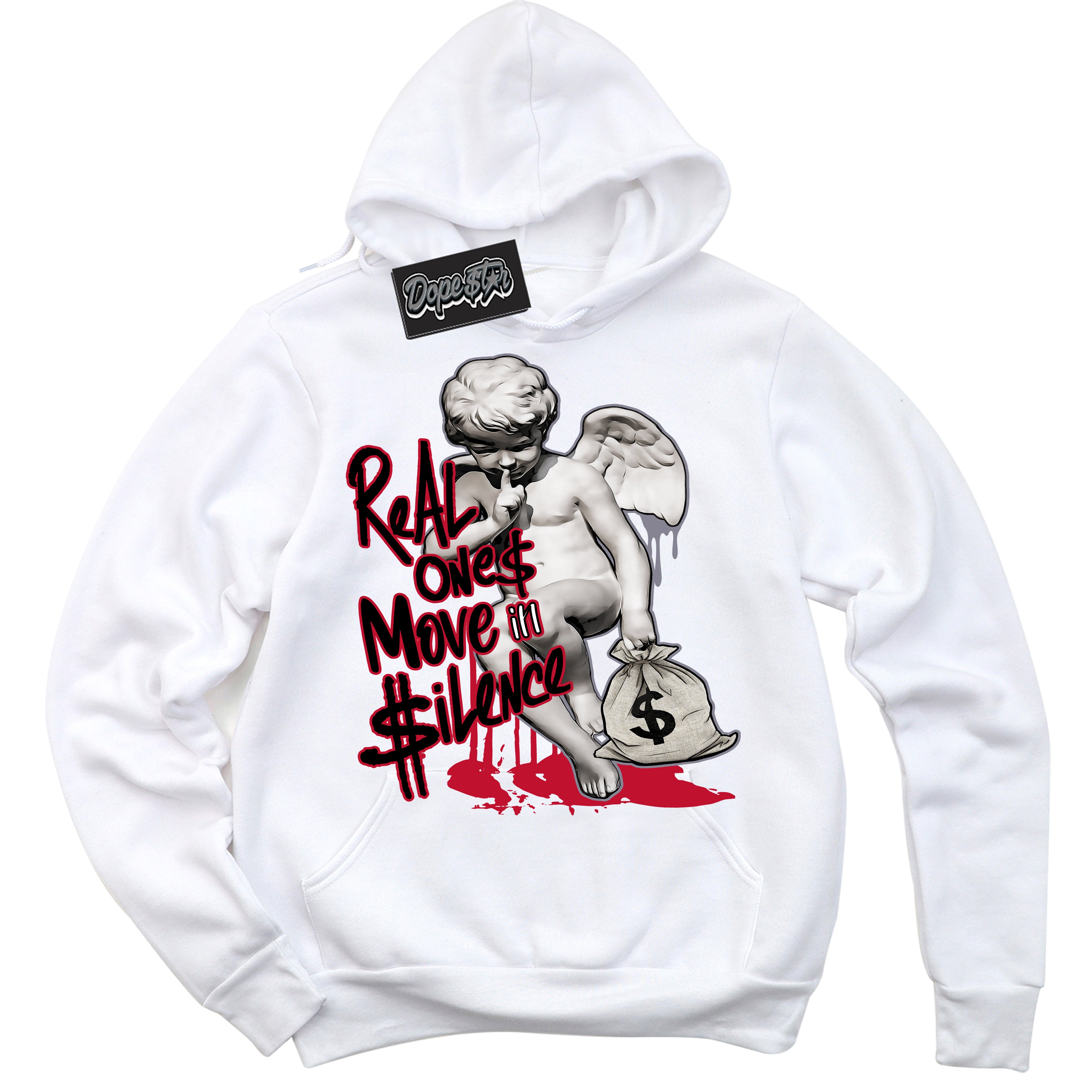 Cool White Hoodie with “ Real Ones Cherub '' design that Perfectly Matches Cement Grey Fire Red 1s Sneakers.