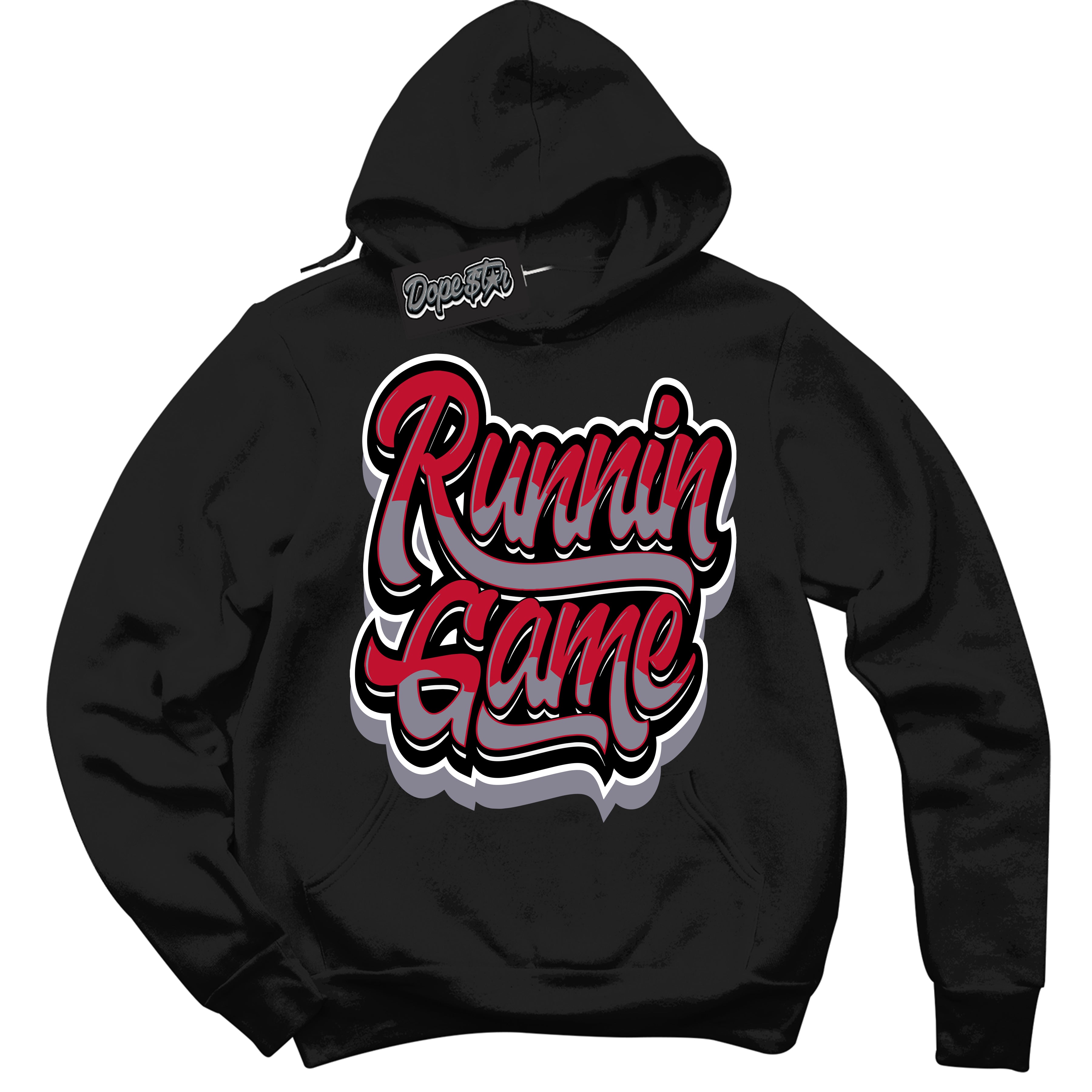 Cool Black Hoodie with “ Running Game '' design that Perfectly Matches Cement Grey Fire Red 1s Sneakers.