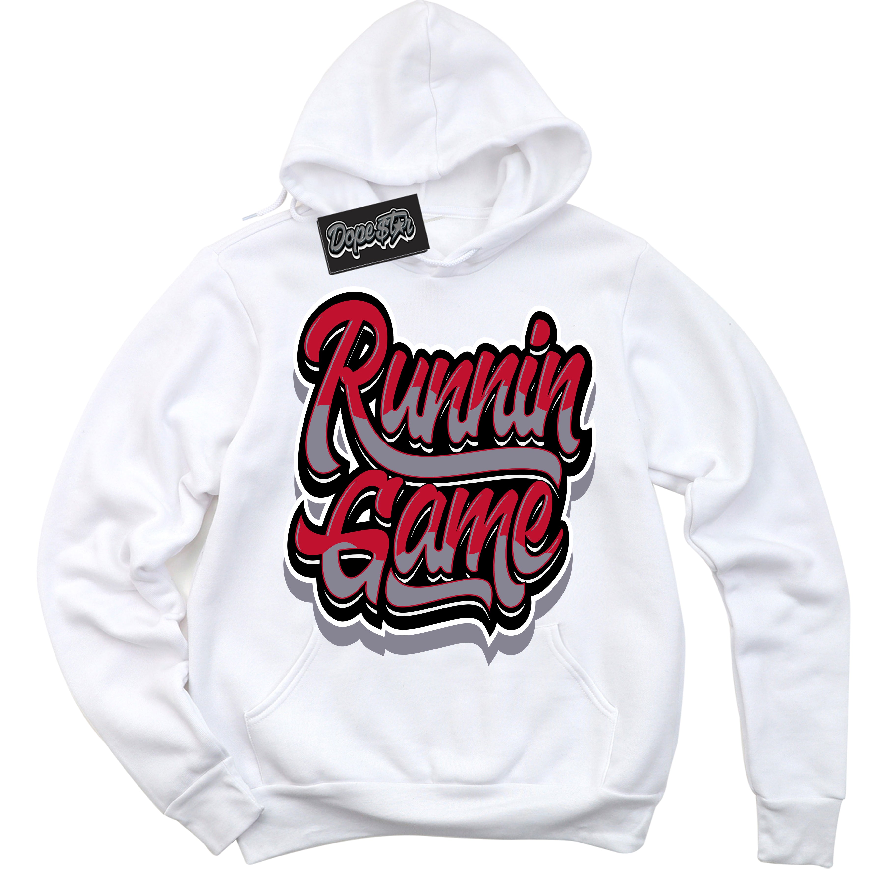 Cool White Hoodie with “ Running Game '' design that Perfectly Matches Cement Grey Fire Red 1s Sneakers.