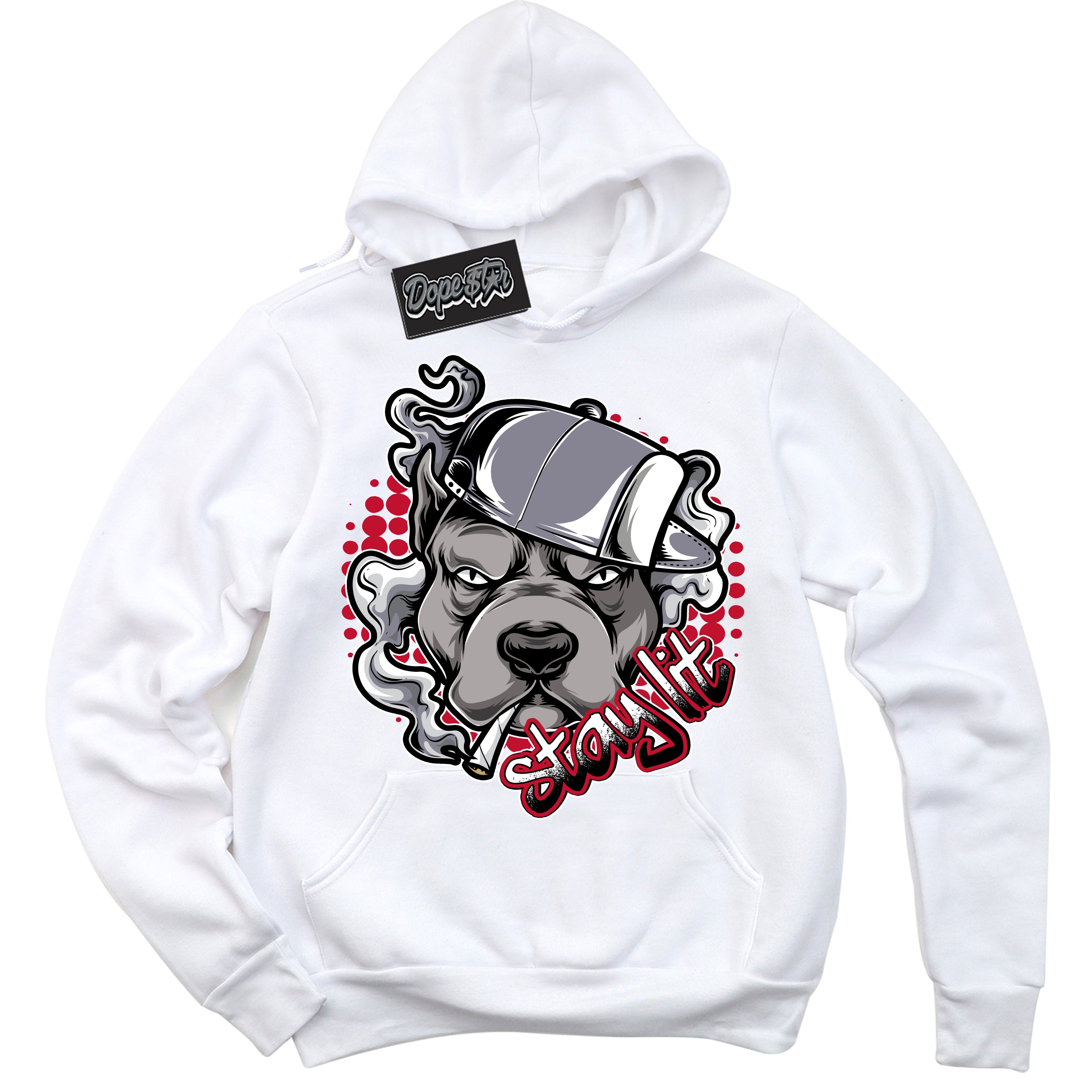 Cool White Hoodie with “ Stay Lit '' design that Perfectly Matches Cement Grey Fire Red 1s Sneakers.