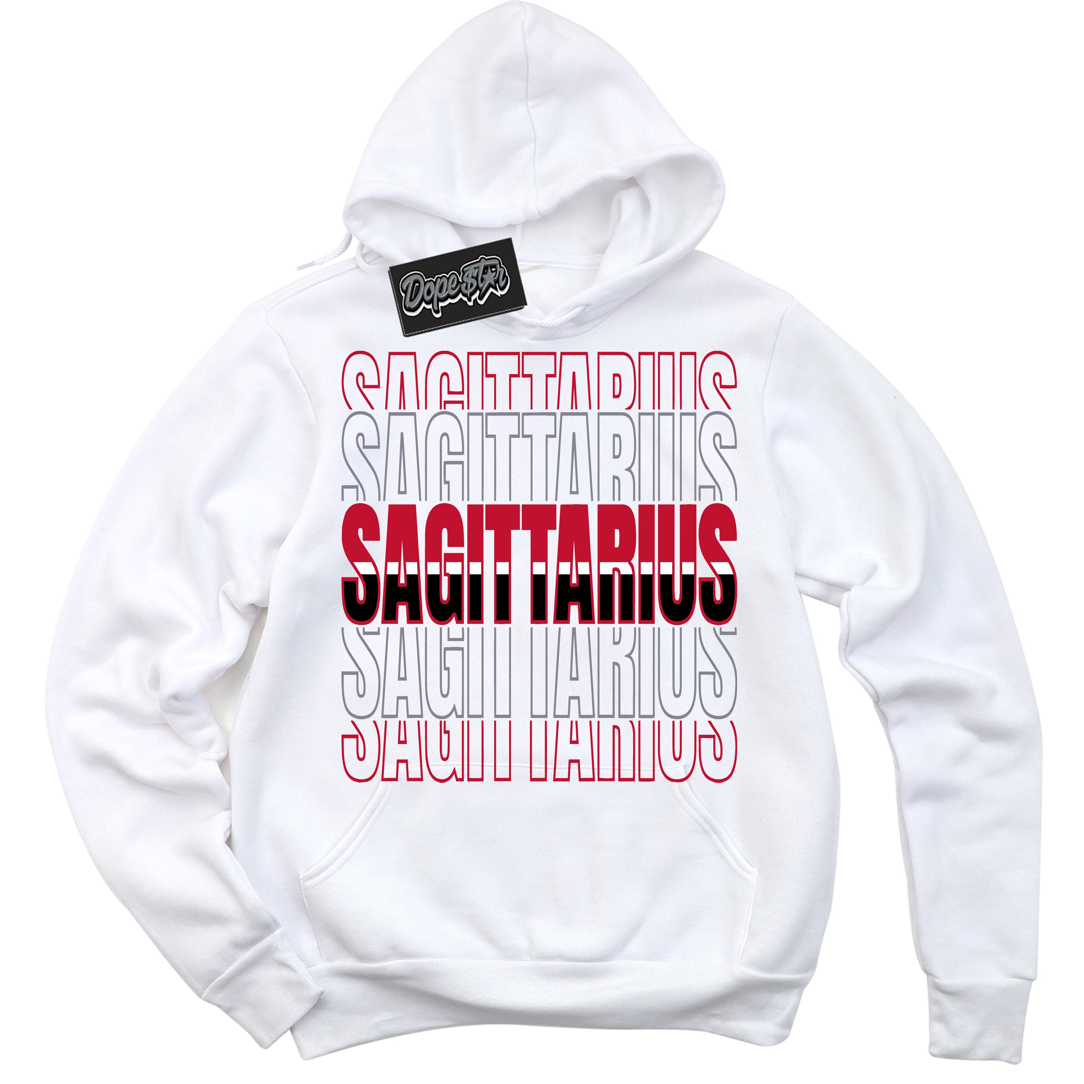 Cool White Hoodie with “ Sagittarius '' design that Perfectly Matches Cement Grey Fire Red 1s Sneakers.