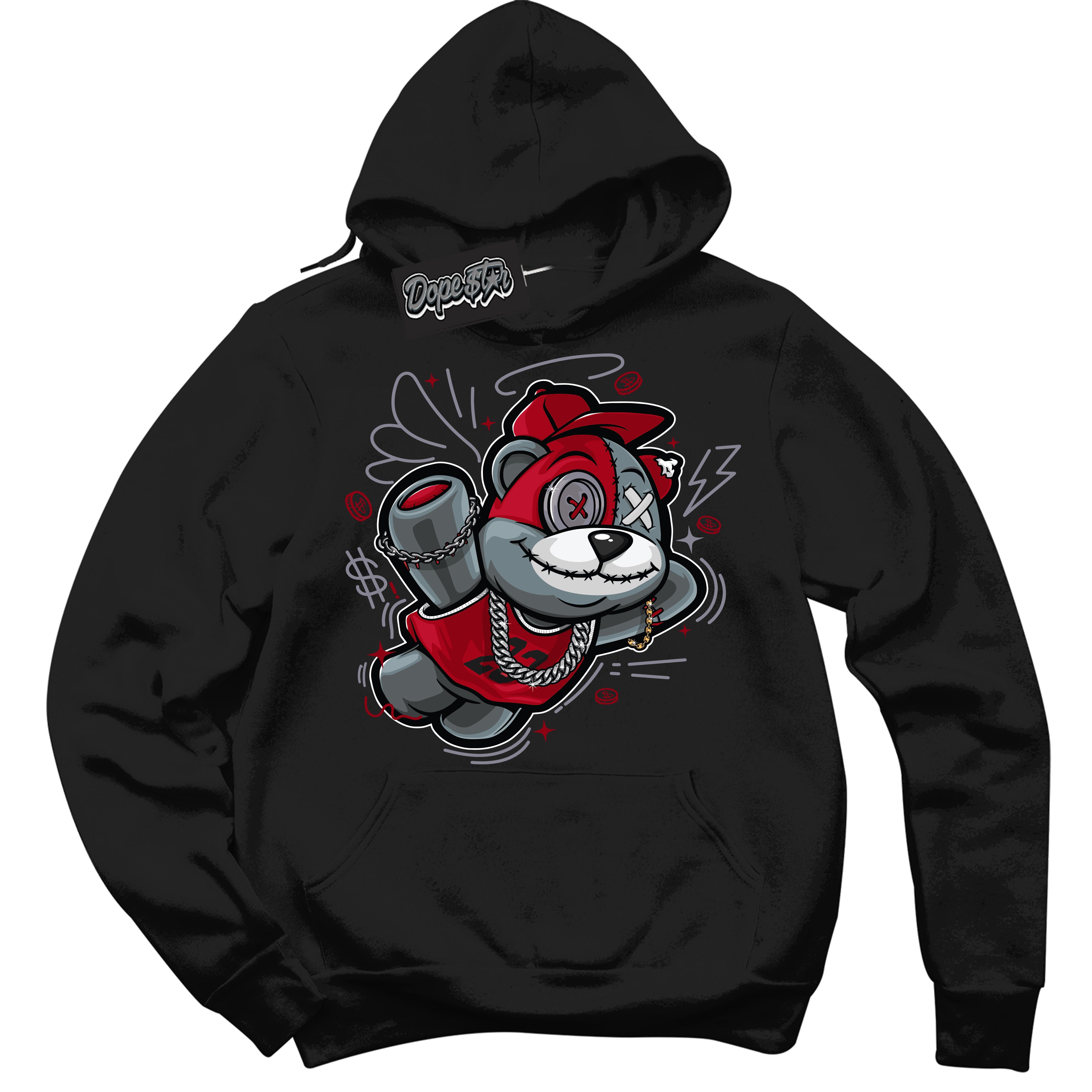Cool Black Hoodie with “ Slam Dunk Bear '' design that Perfectly Matches Cement Grey Fire Red 1s Sneakers.