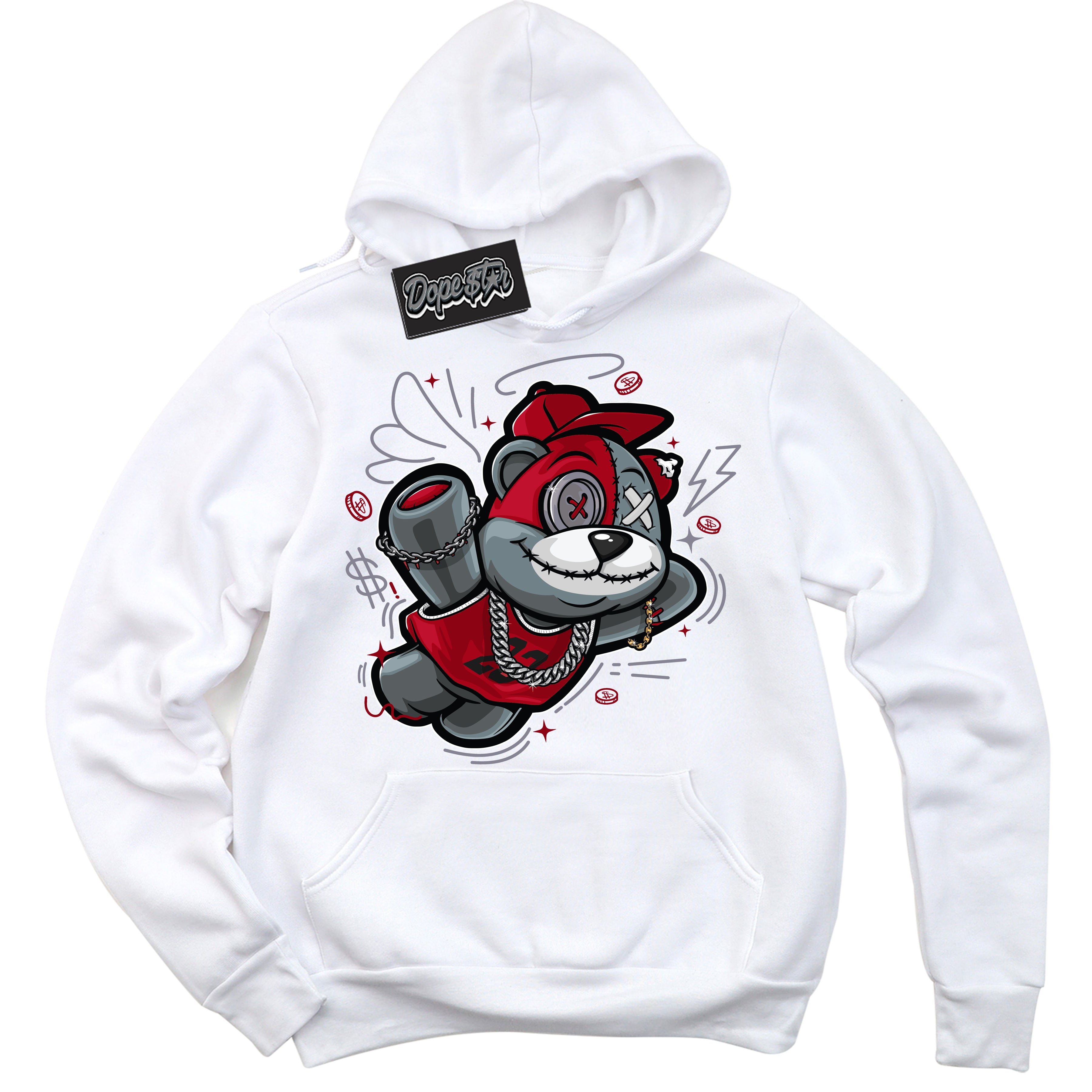 Cool White Hoodie with “ Slam Dunk Bear '' design that Perfectly Matches Cement Grey Fire Red 1s Sneakers.