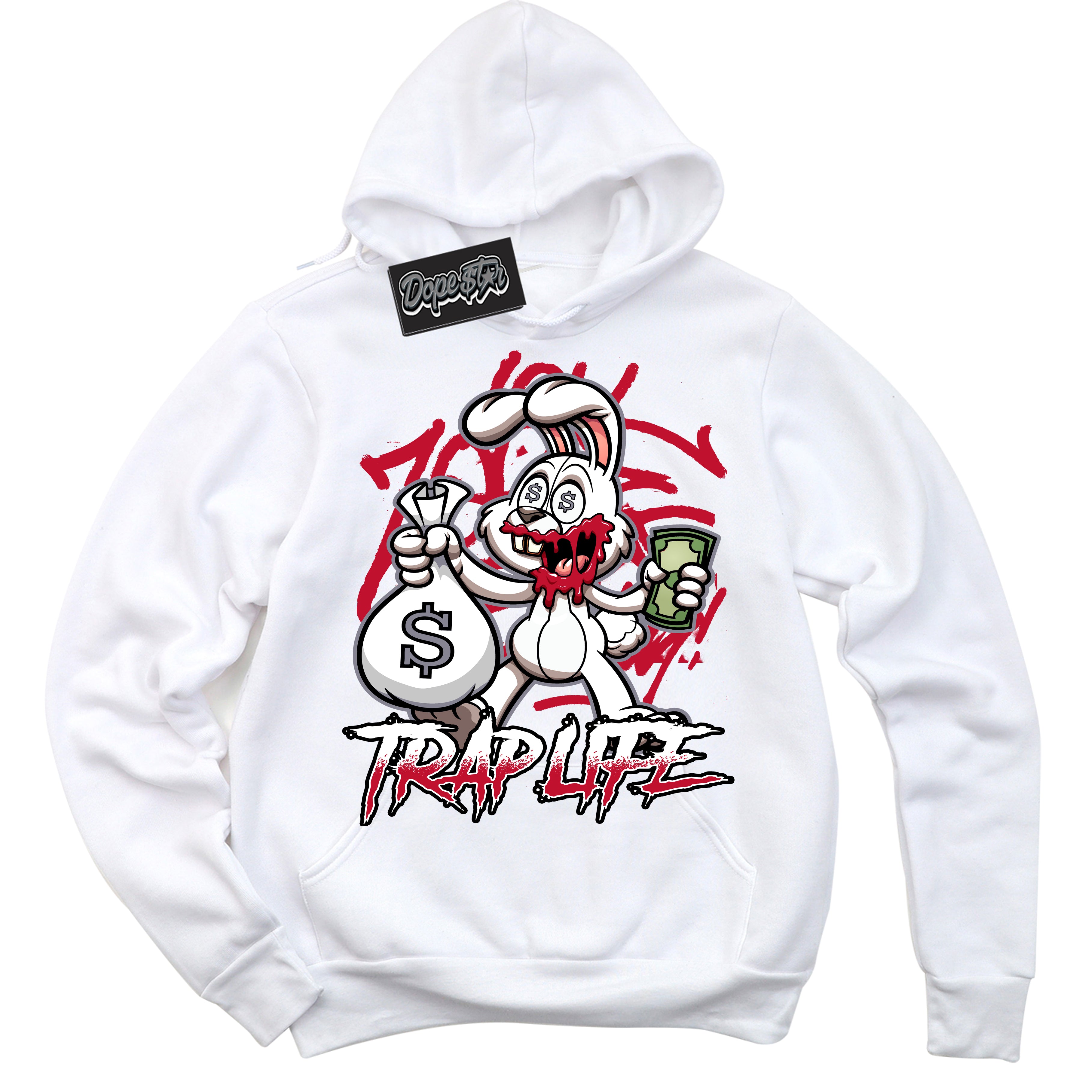 Cool White Hoodie with “ Trap Rabbit '' design that Perfectly Matches Cement Grey Fire Red 1s Sneakers.