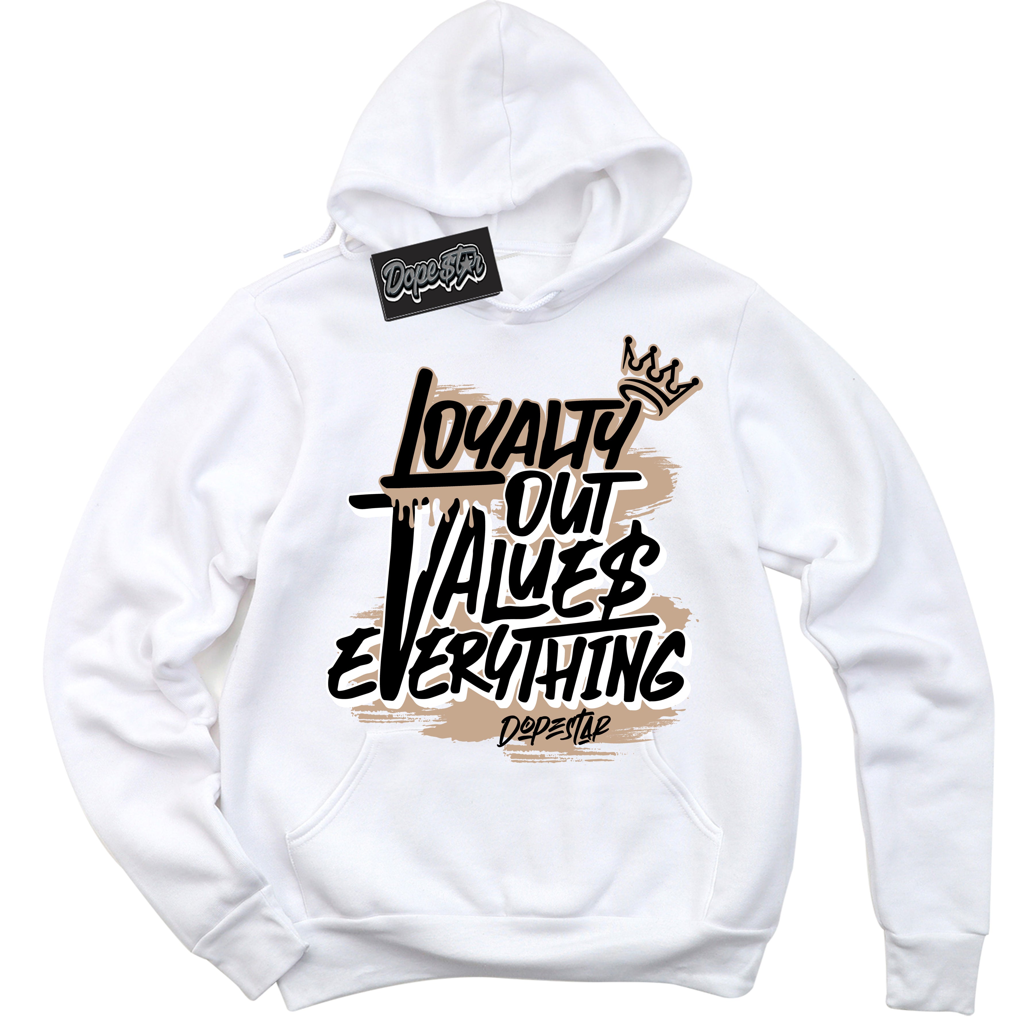 Cool White Hoodie with “ Loyalty Out Values Everything ” design that Perfectly Matches Desert 1s Sneakers.