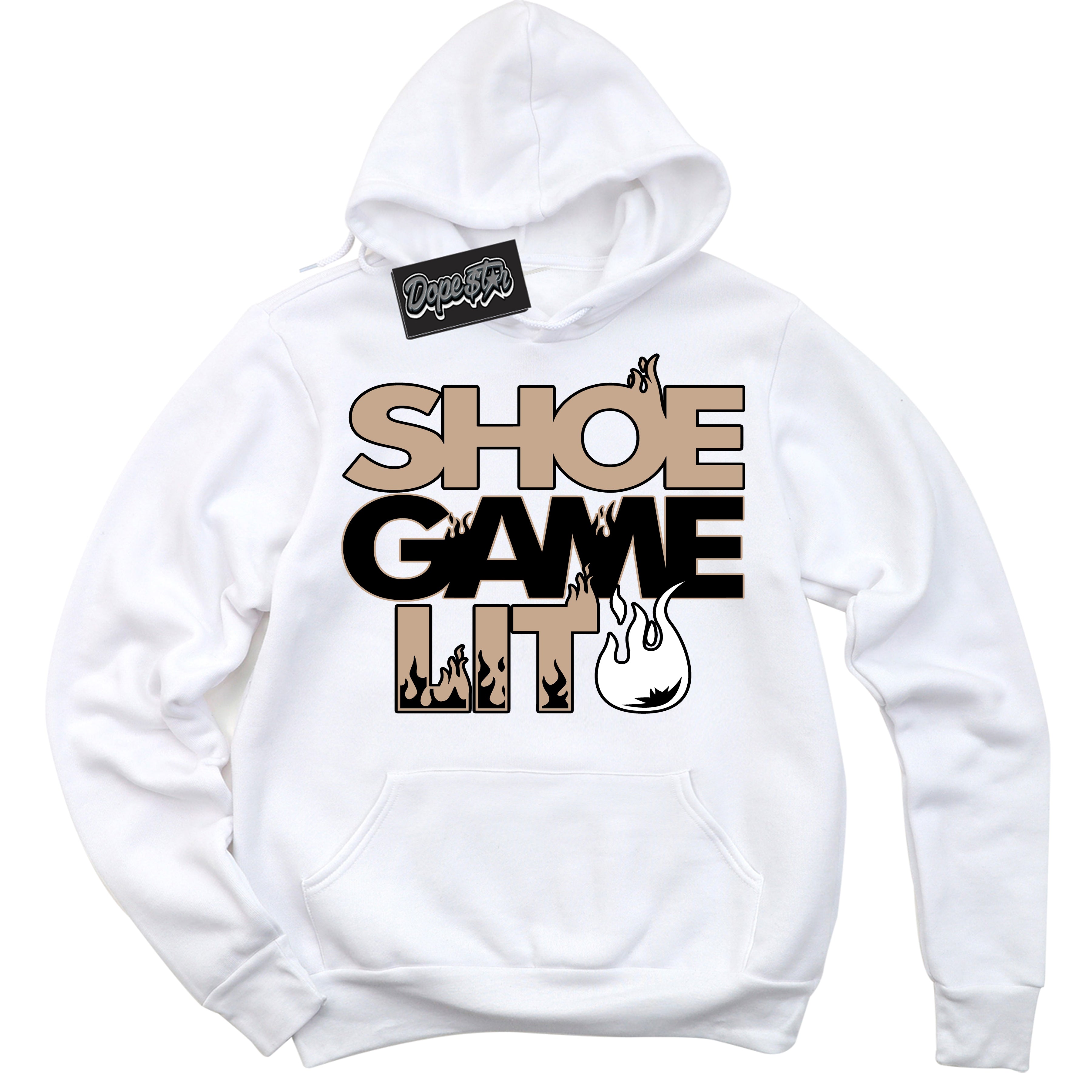 Cool White Hoodie with “ Shoe Game Lit '' design that Perfectly Matches Desert 1s Sneakers.