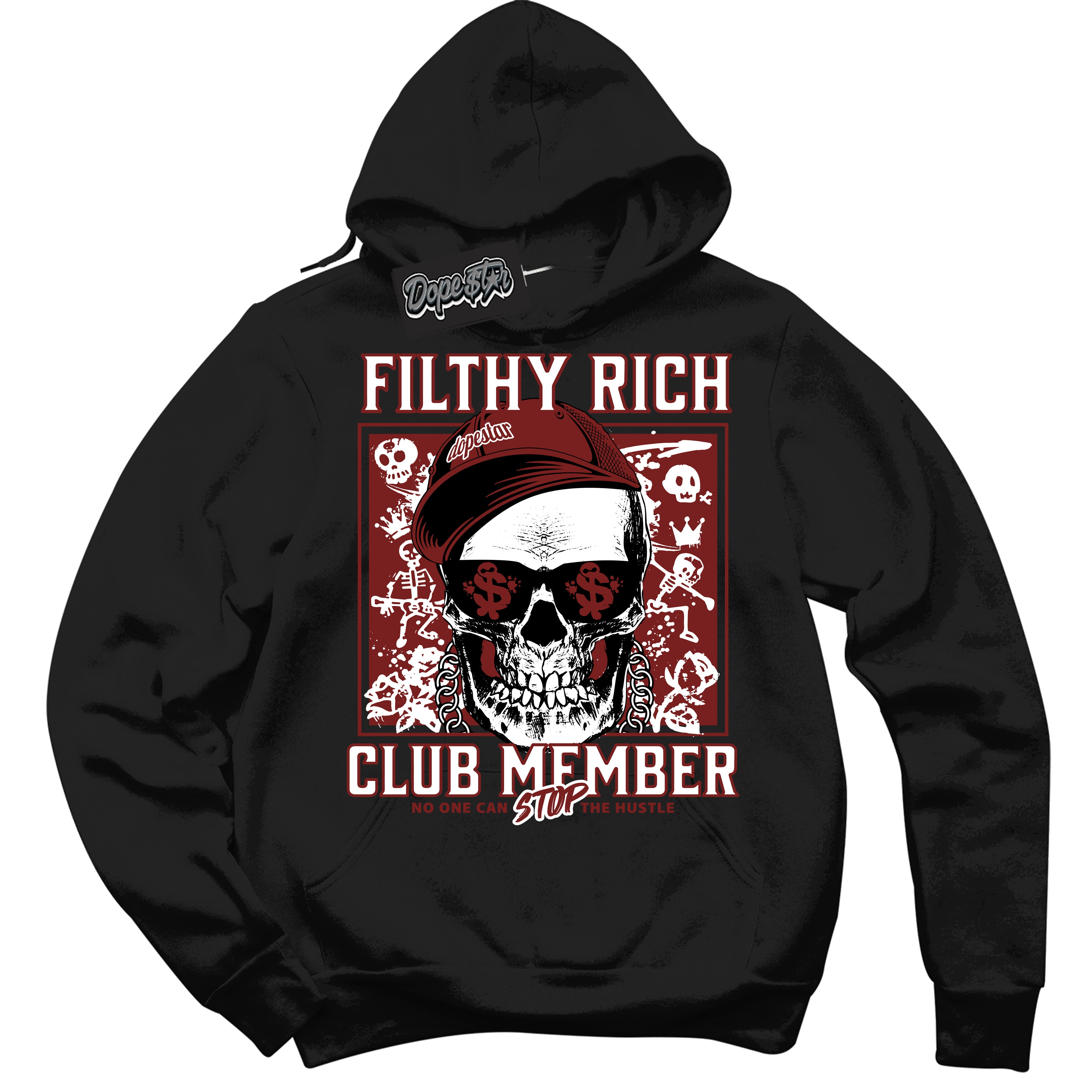 Cool Black Hoodie with “ Filthy Rich ” design that Perfectly Matches Dune Red 1s Sneakers.
