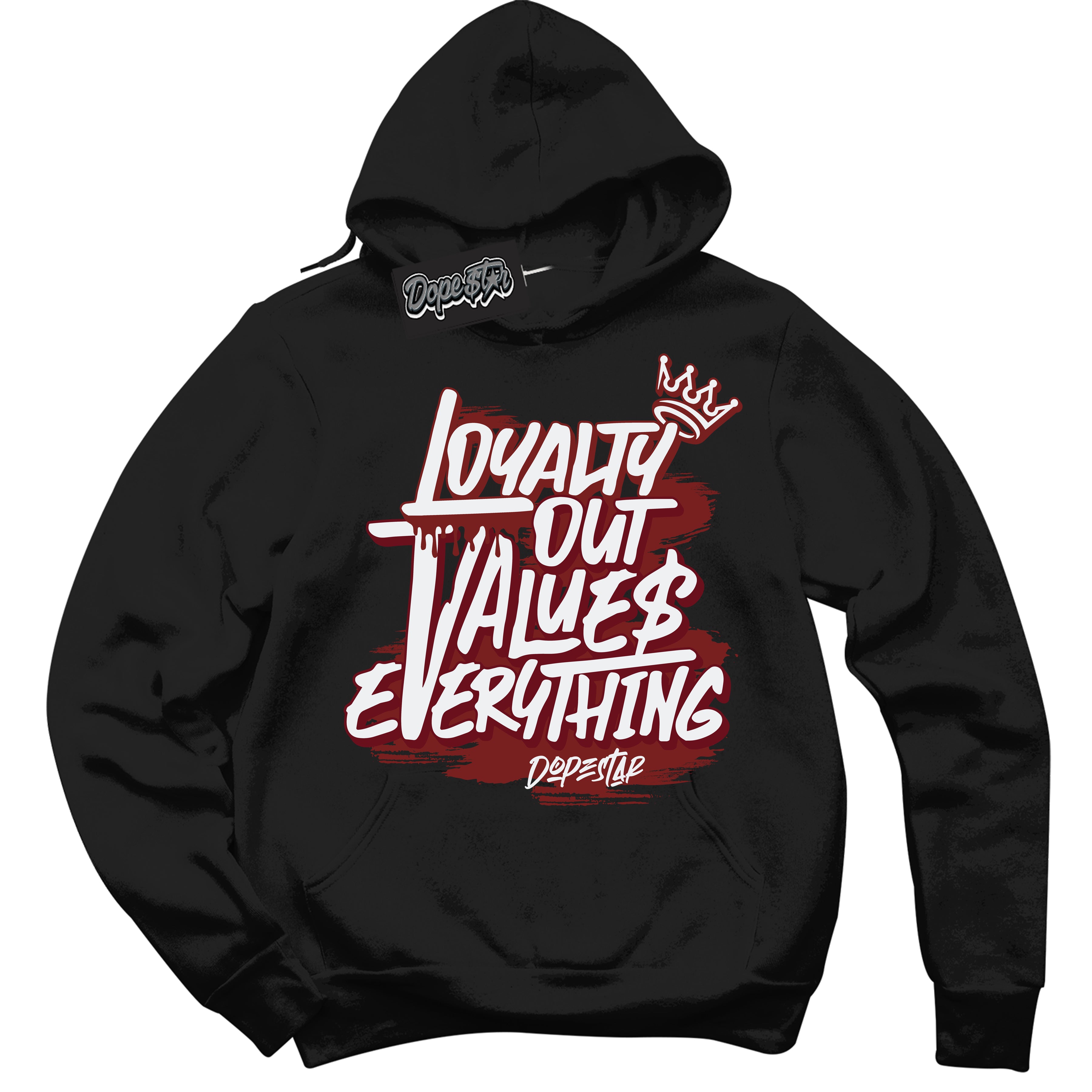 Cool Black Hoodie with “ Loyalty Out Values Everything ” design that Perfectly Matches Dune Red 1s Sneakers.
