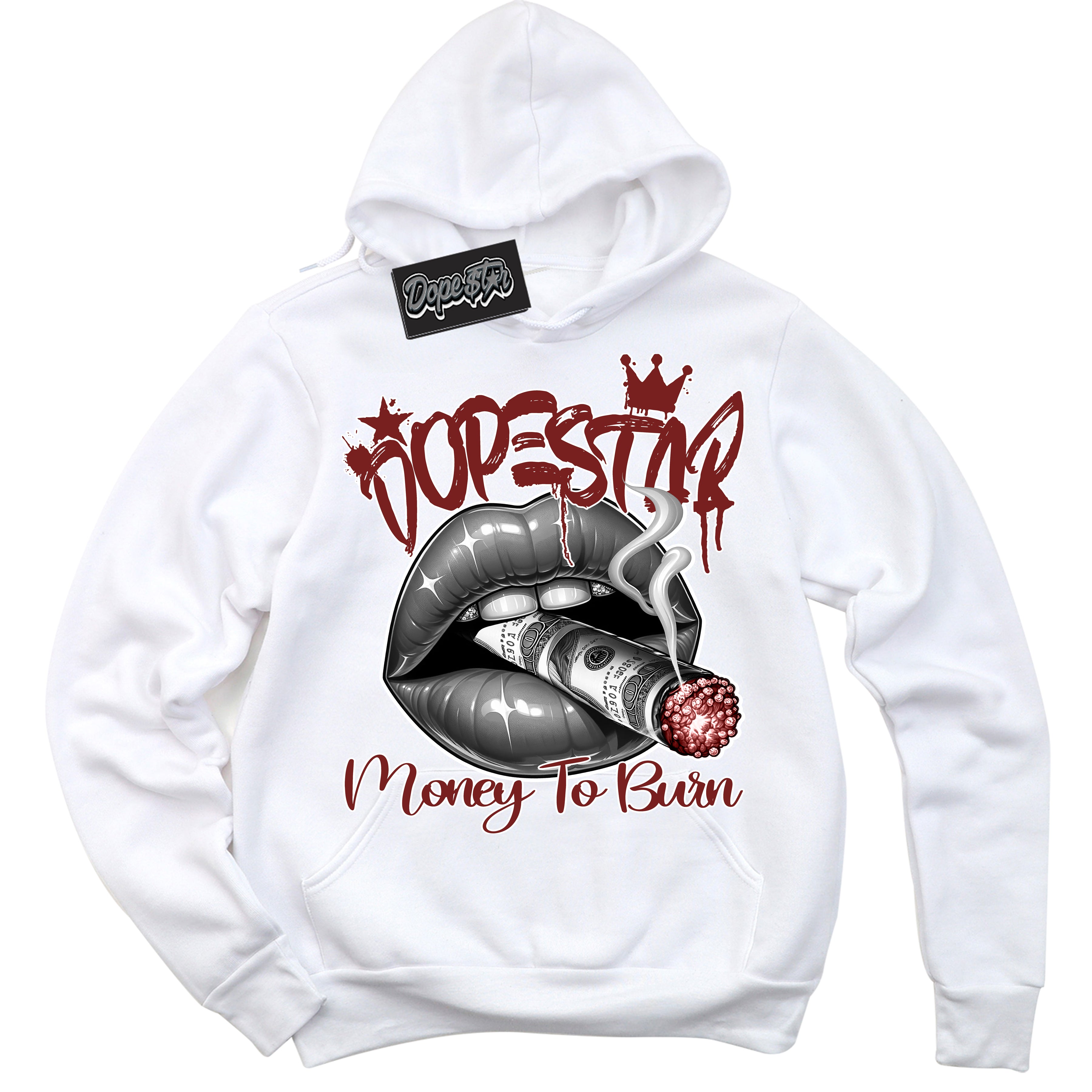 Cool White Hoodie with “ Money To Burn ” design that Perfectly Matches Dune Red 1s Sneakers.