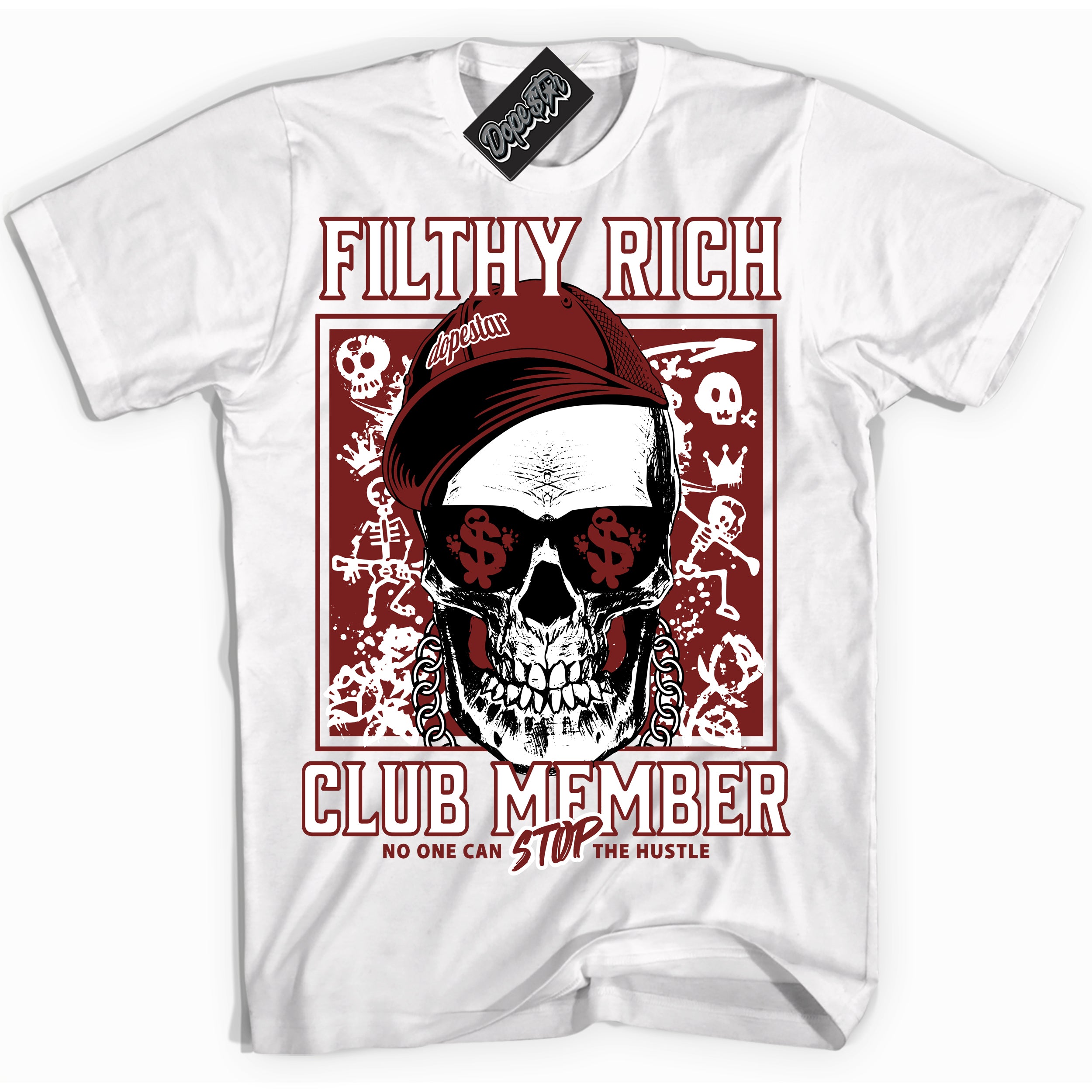 Cool White Shirt with “ Filthy Rich” design that perfectly matches Dune Red 1s Sneakers.