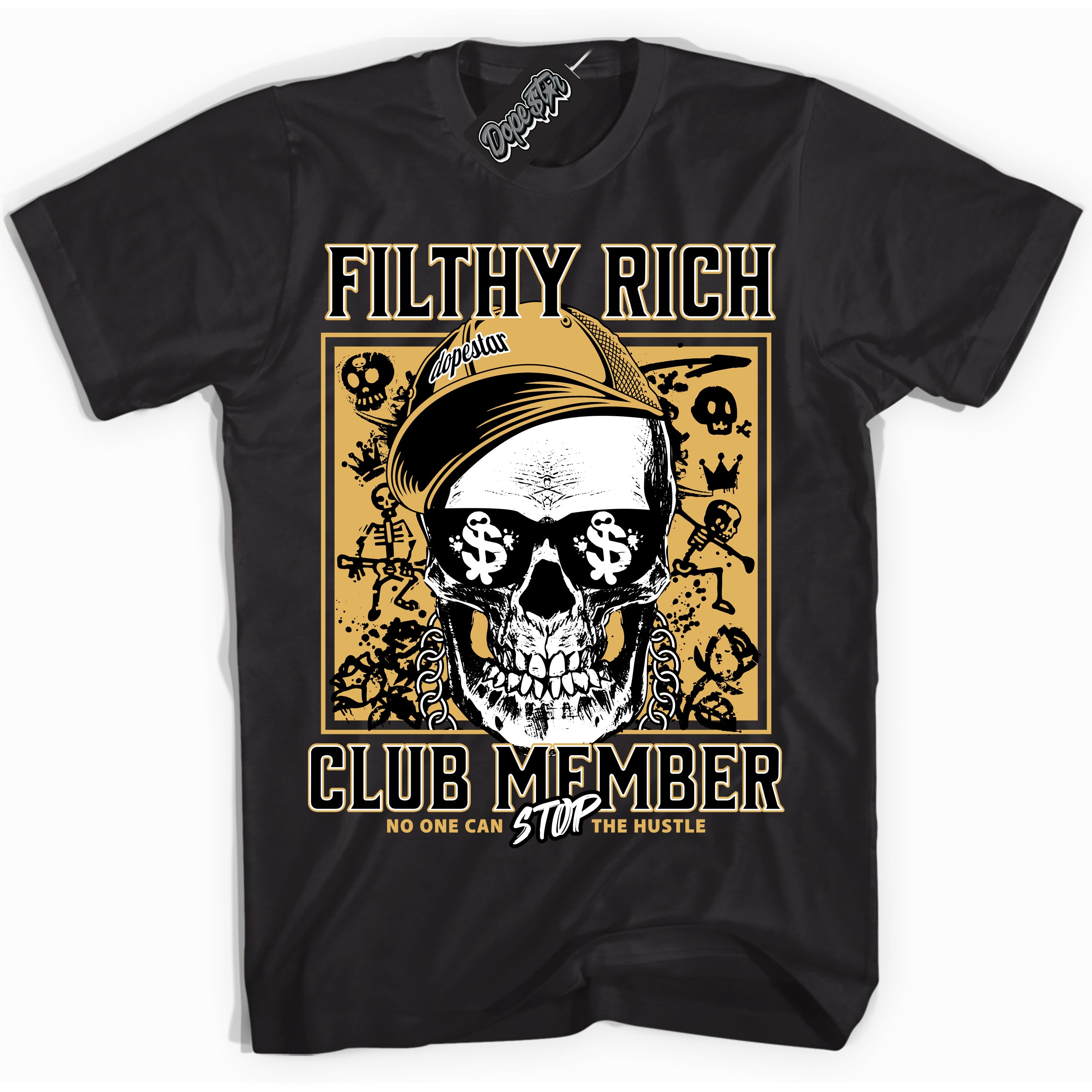Cool Black Shirt with “ Filthy Rich ” design that perfectly matches Gold Swoosh 1s Sneakers.