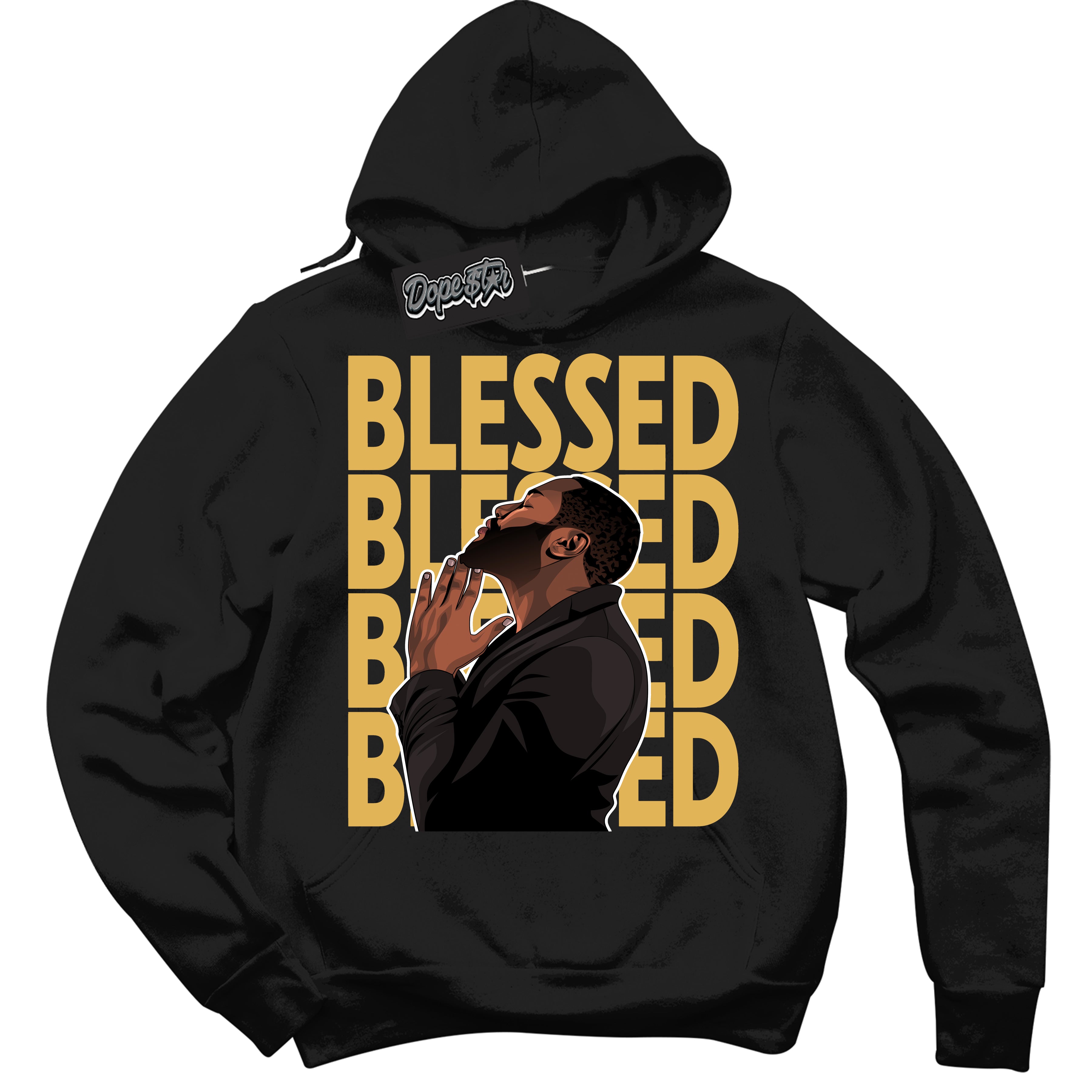 Cool Black Hoodie with “ God Blessed ” design that Perfectly Matches Gold Swoosh 1s Sneakers.