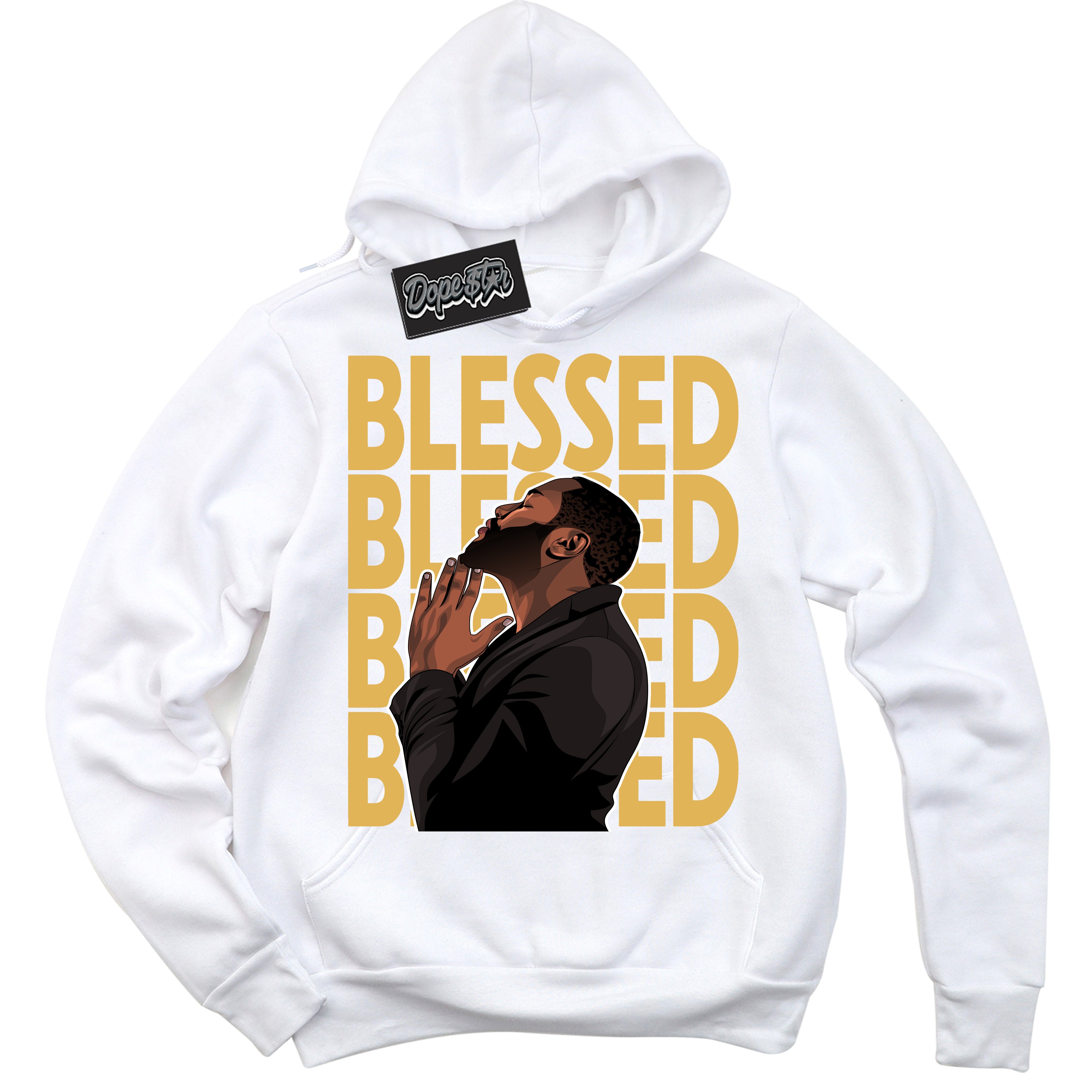 Cool White Hoodie with “ God Blessed ” design that Perfectly Matches Gold Swoosh 1s Sneakers.