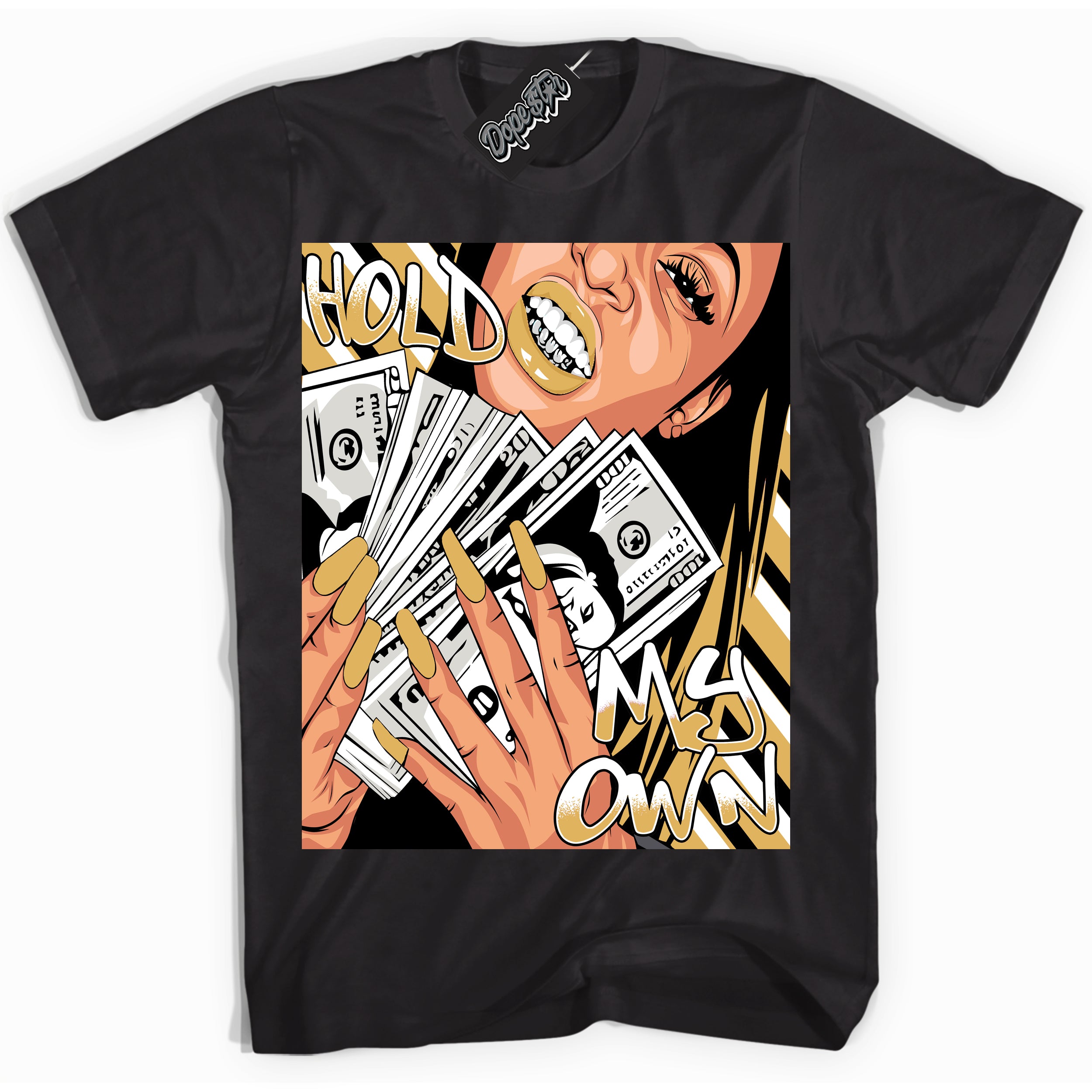 Cool Black Shirt with “ Hold My Own ” design that perfectly matches Gold Swoosh 1s Sneakers.