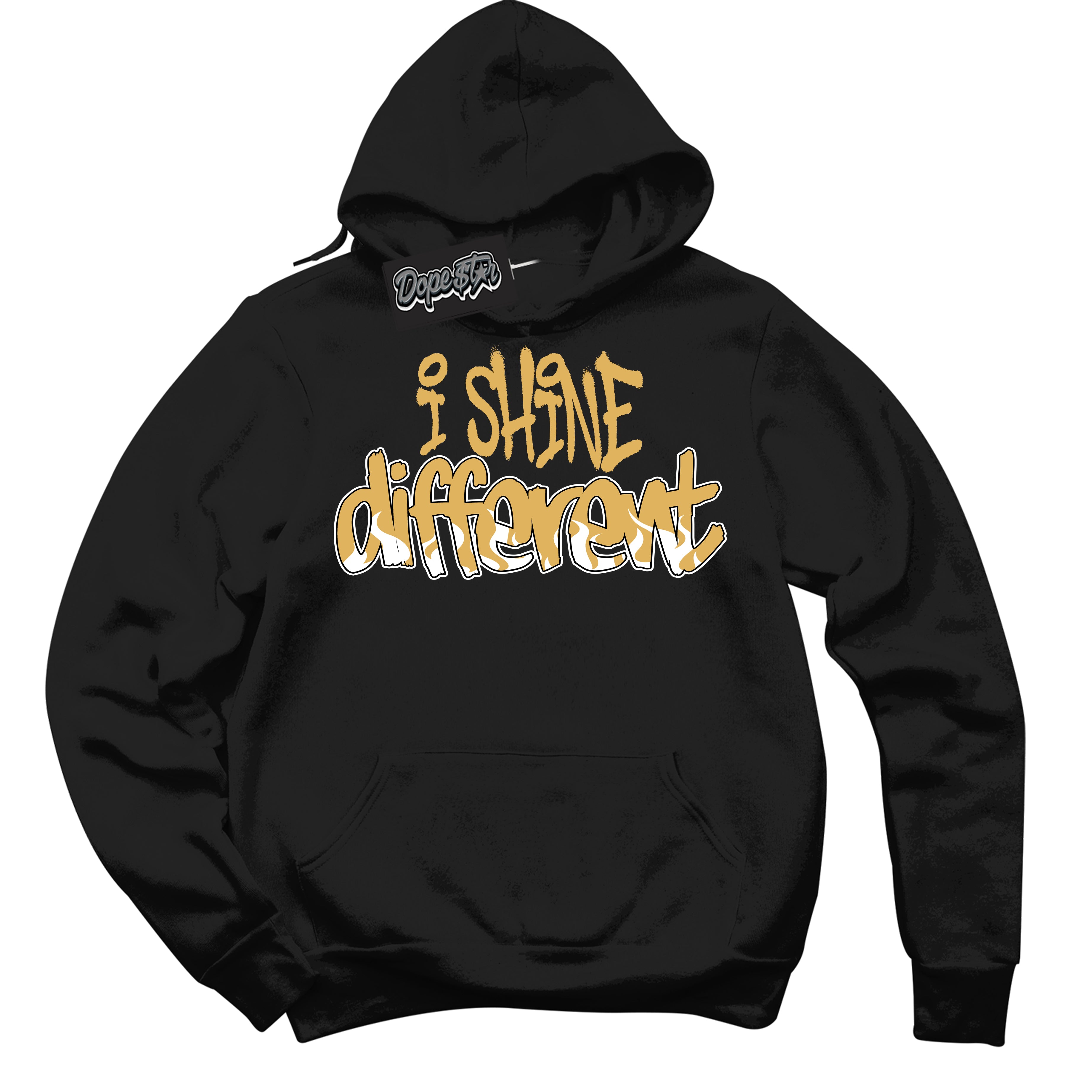 Cool Black Hoodie with “ I Shine Different ” design that Perfectly Matches Gold Swoosh 1s Sneakers.