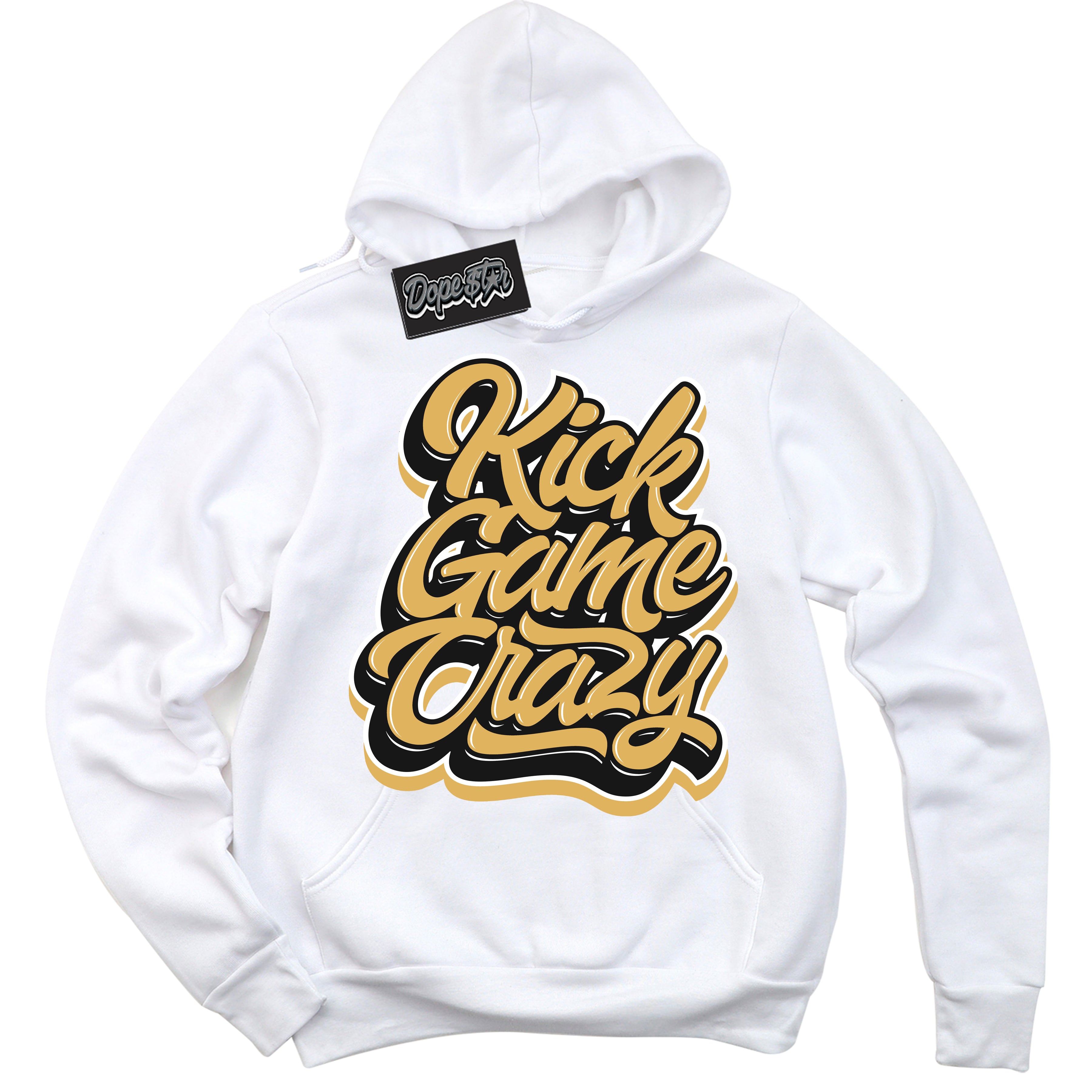 Cool White Hoodie with “ Kick Game Crazy ” design that Perfectly Matches Gold Swoosh 1s Sneakers.