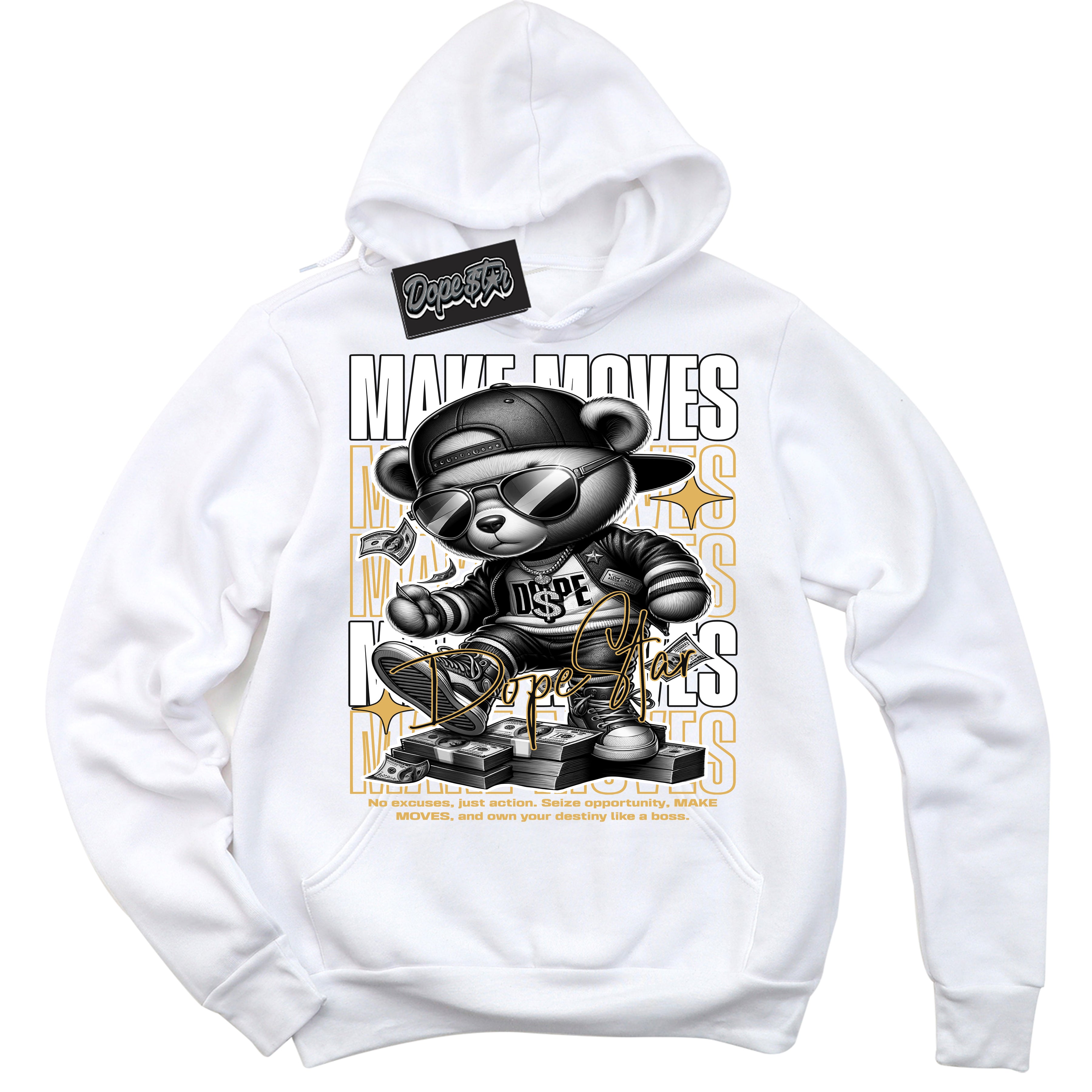 Cool White Hoodie with “ Make Moves ” design that Perfectly Matches Gold Swoosh 1s Sneakers.