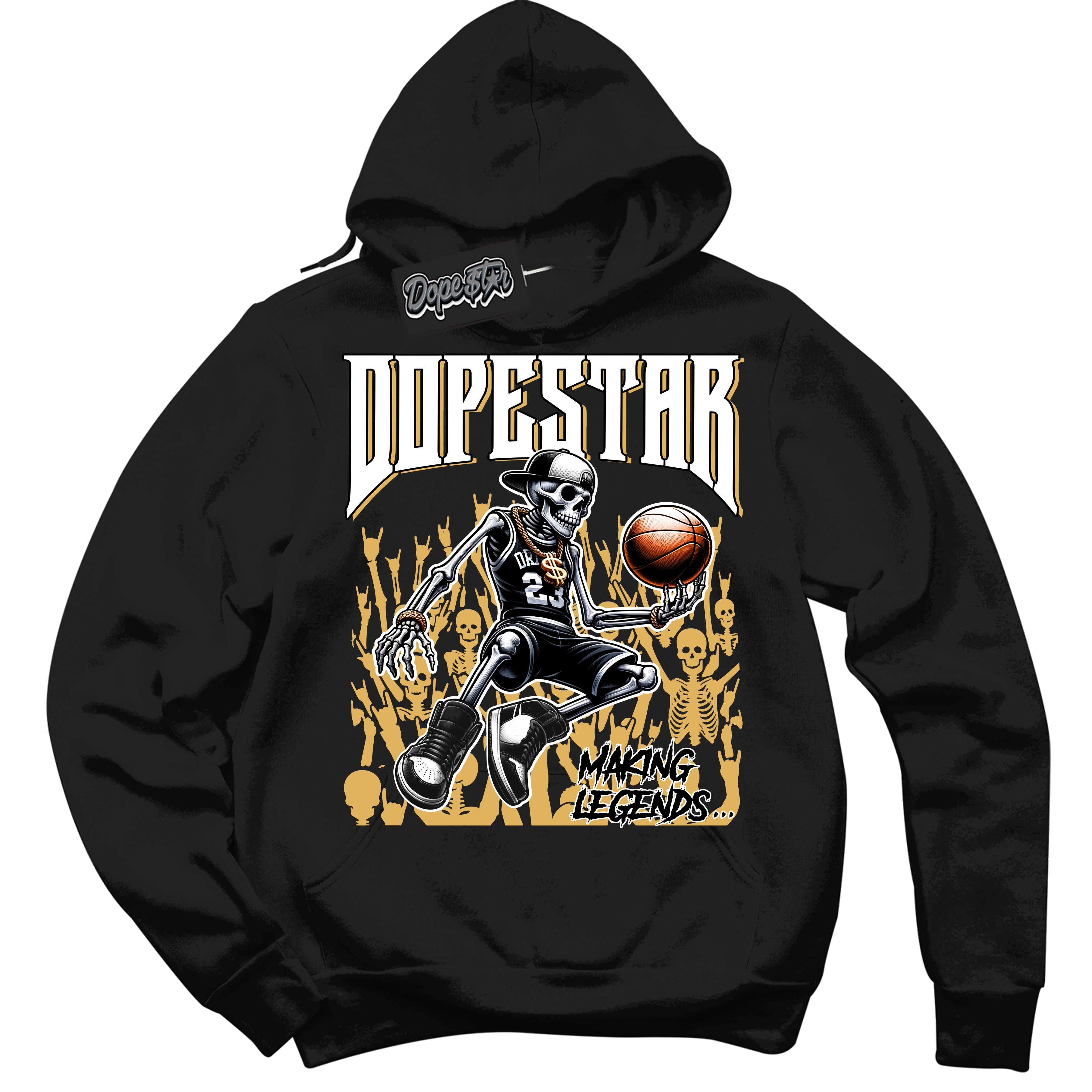 Cool Black Hoodie with “ Making Legends ” design that Perfectly Matches Gold Swoosh 1s Sneakers.