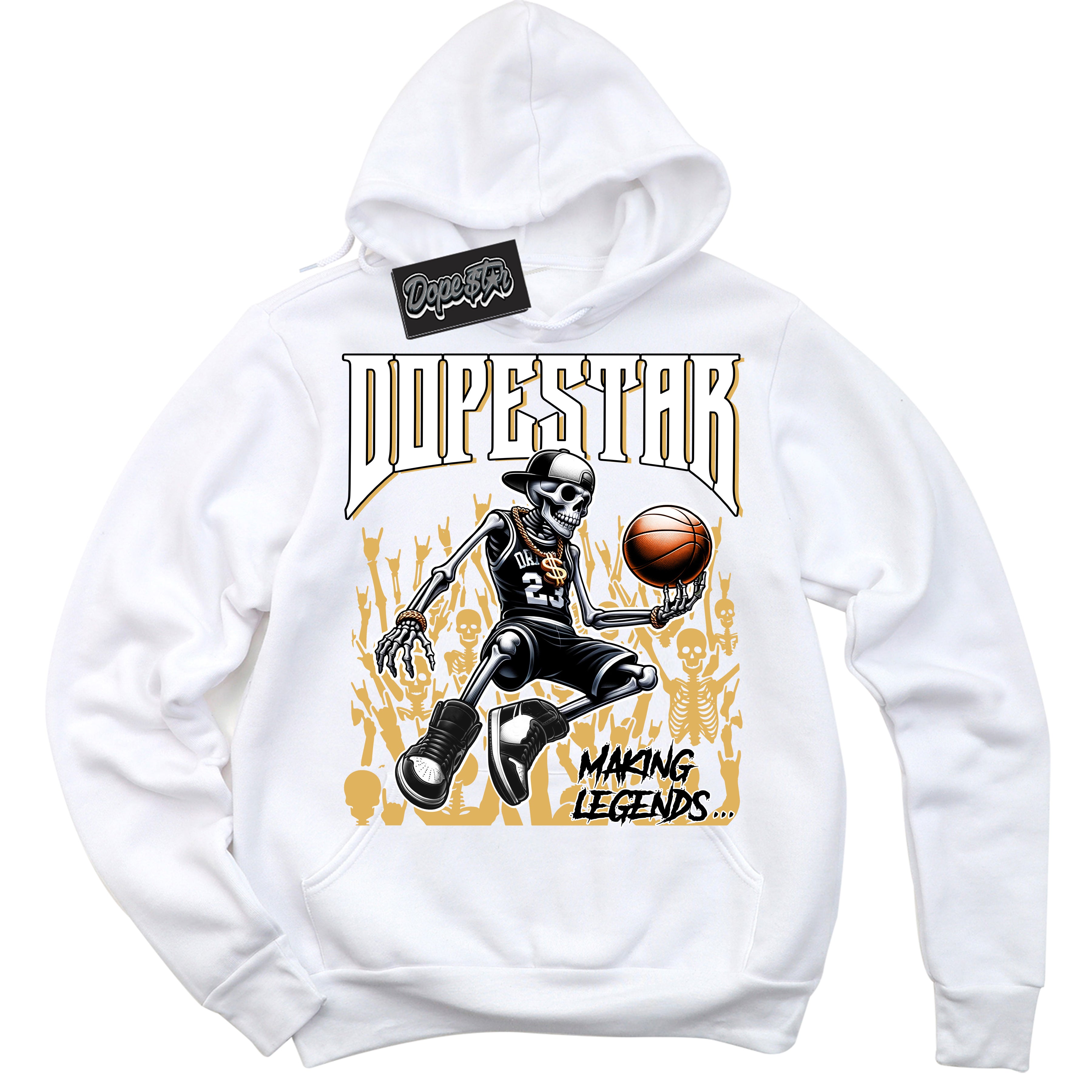 Cool White Hoodie with “ Making Legends ” design that Perfectly Matches Gold Swoosh 1s Sneakers.