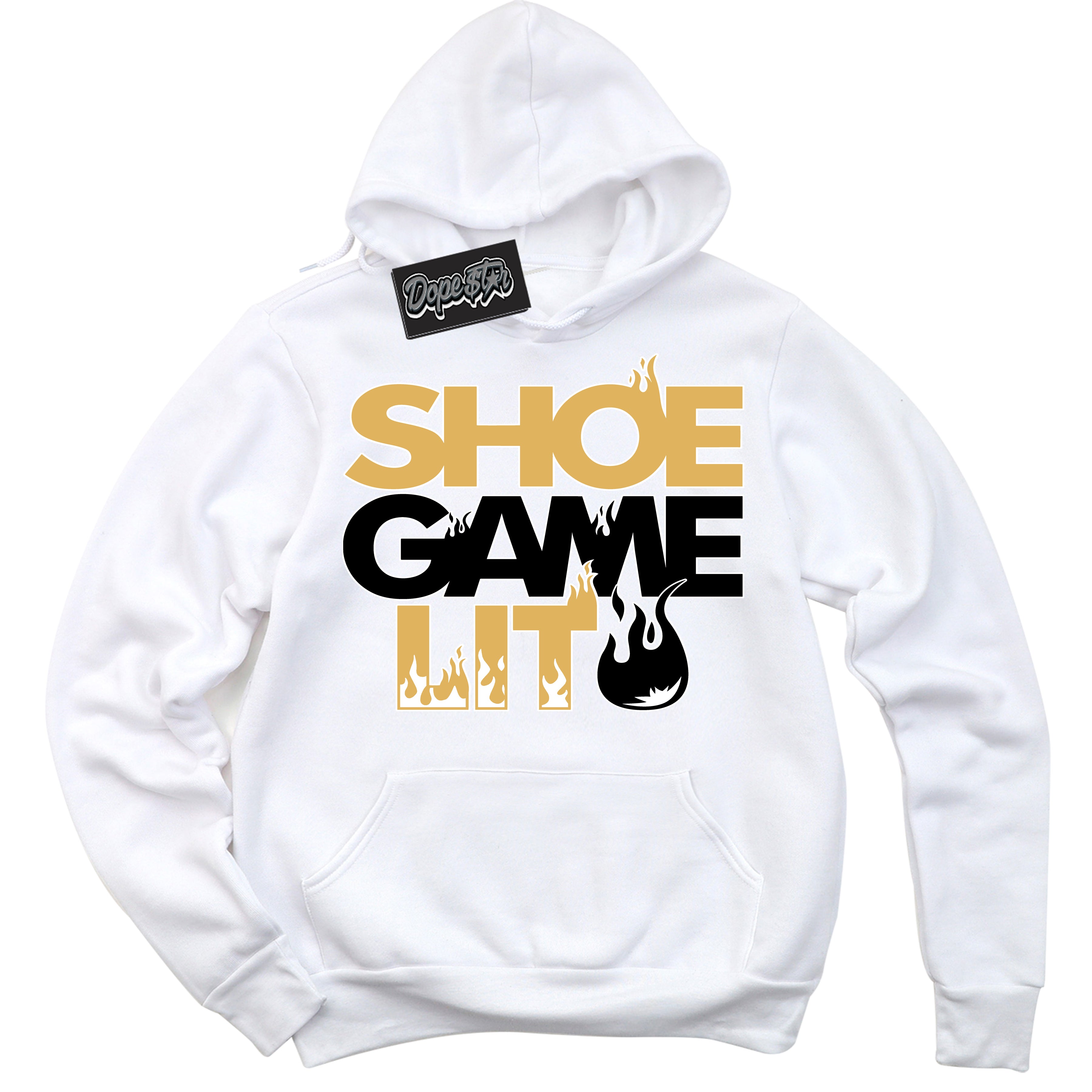 Cool White Hoodie with “ Shoe Game Lit ” design that Perfectly Matches Gold Swoosh 1s Sneakers.