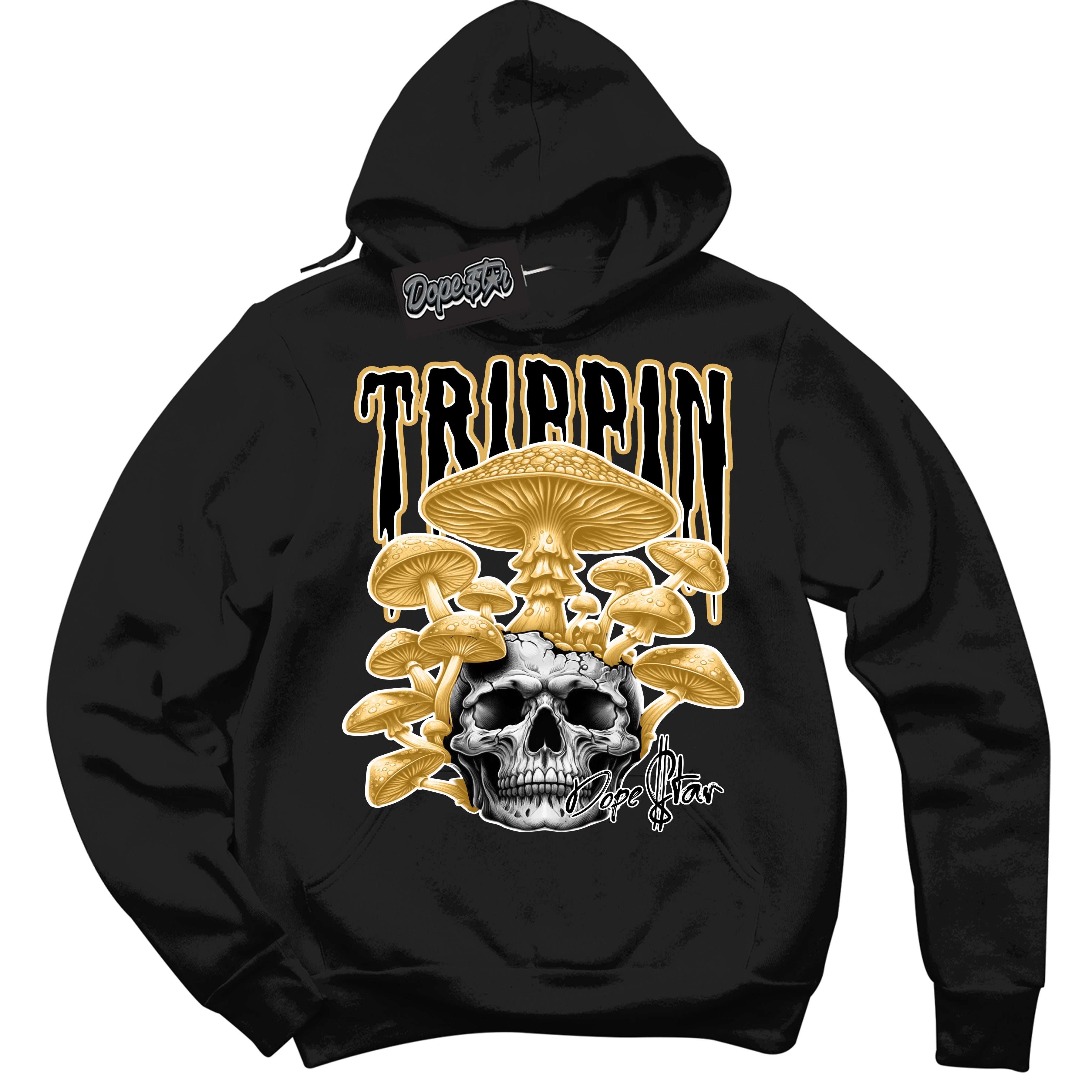 Cool Black Hoodie with “ Trippin ” design that Perfectly Matches Gold Swoosh 1s Sneakers.