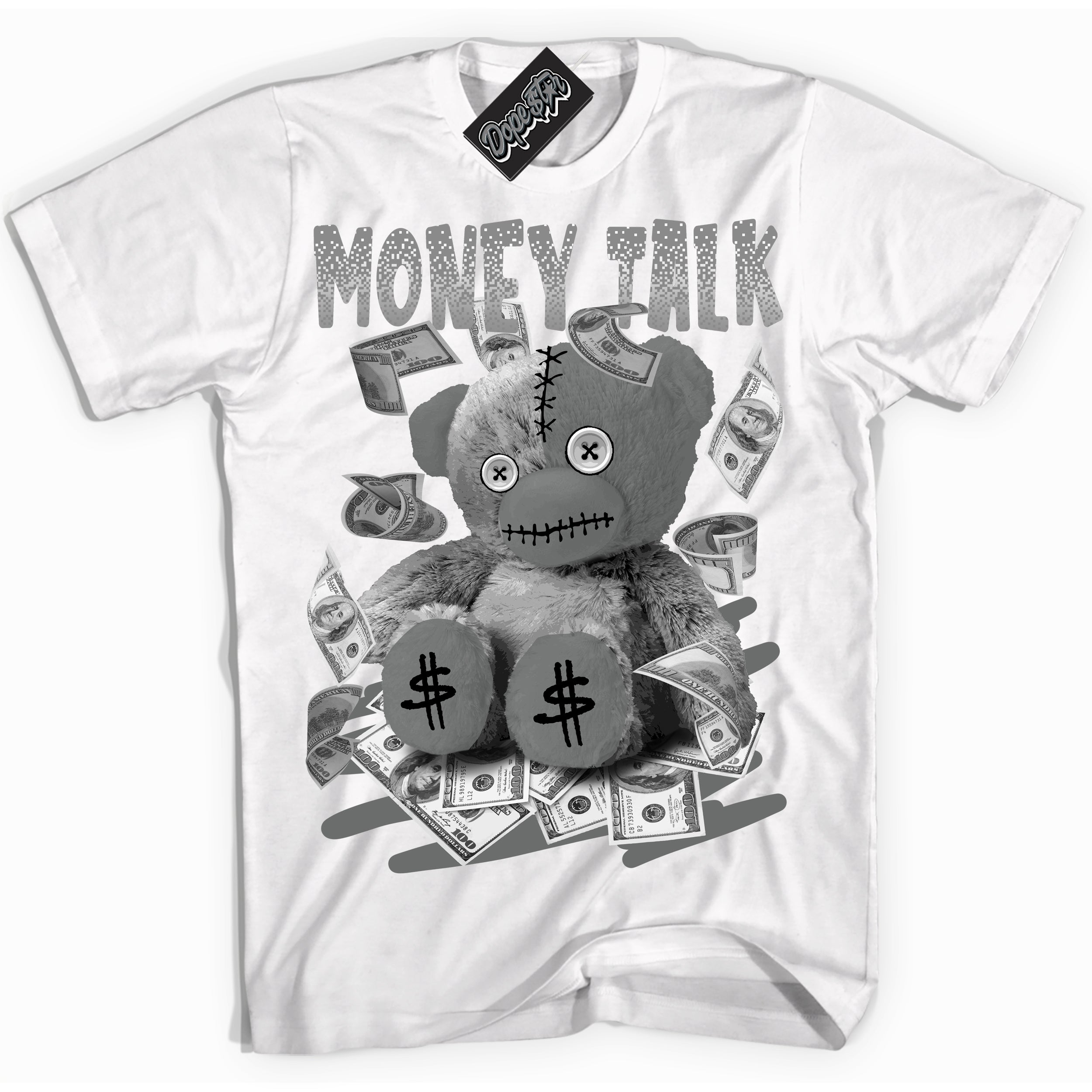 AJ1 Low Iron Grey 'Money Talk Bear' Shirt - White Streetwear Mockup | Sneakerhead T-shirt Matching Iron Grey AJ1 Lows | Limited Edition Jordan 1 Iron Grey Shirt for Men & Women | Drip with Your Iron Grey 1s Kicks | Sneaker head Fashion Must-Have.