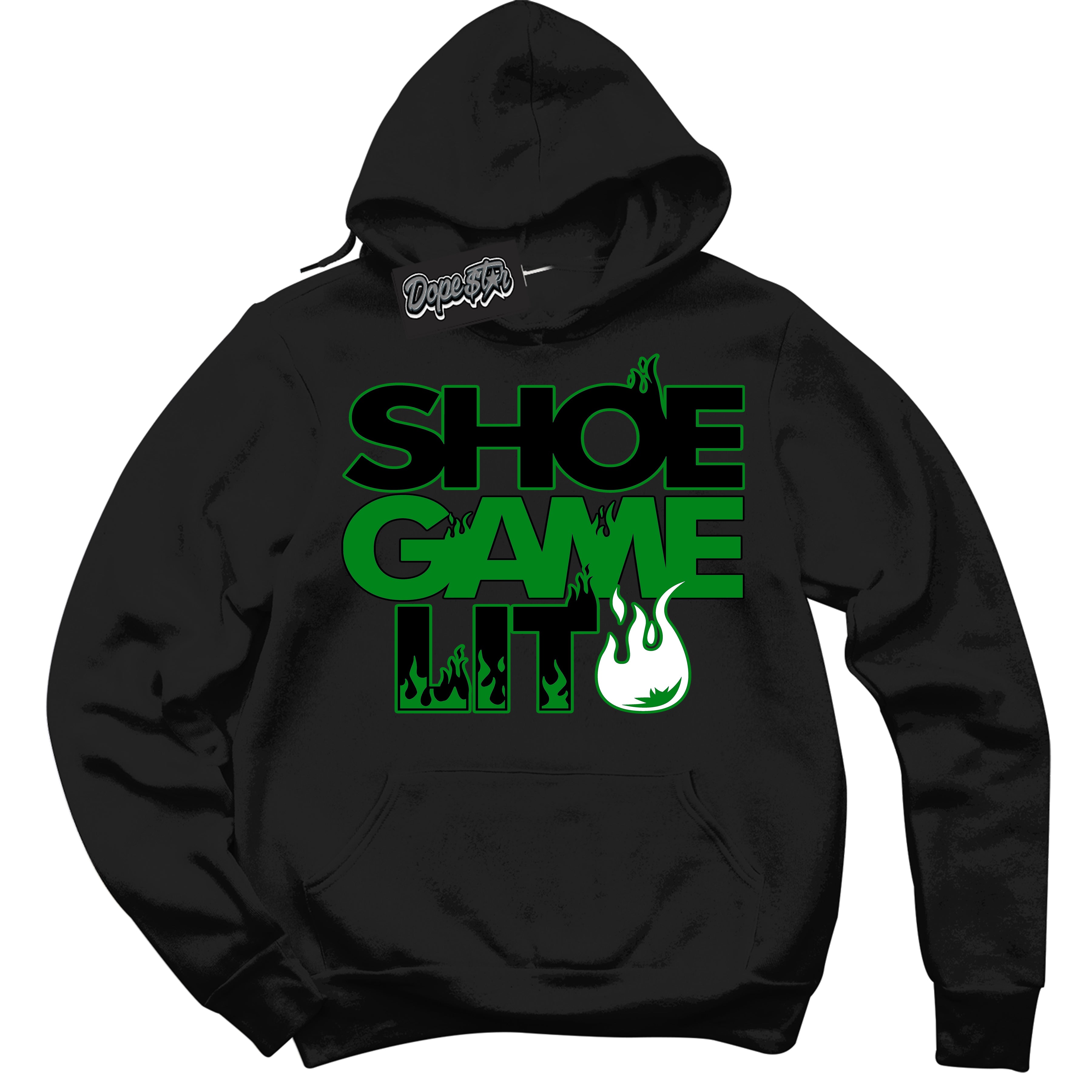 Cool Black Hoodie with “ Shoe Game Lit '' design that Perfectly Matches Lucky Green 1s Sneakers.