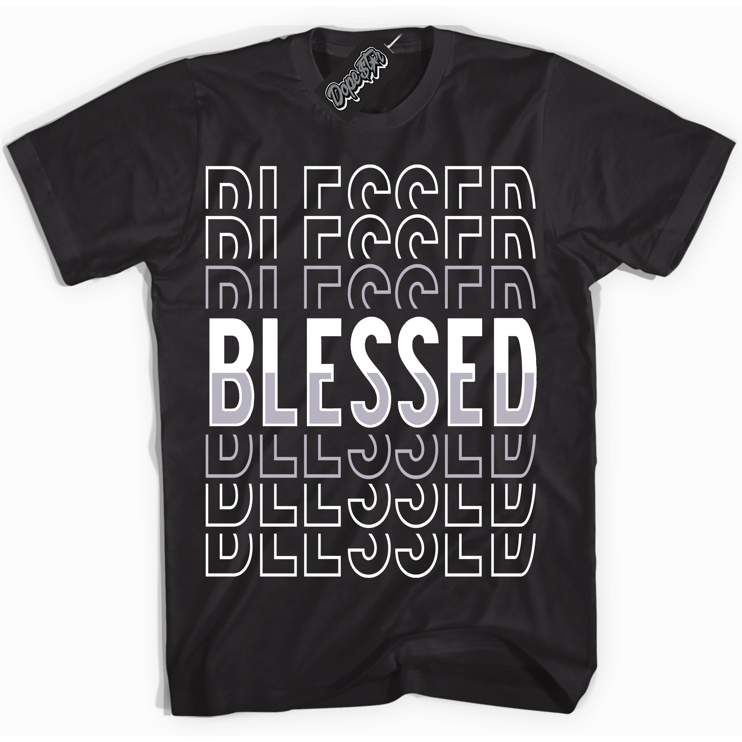 Cool Black Shirt with “ Blessed Stacked ” design that perfectly matches OG Barons 1s Jordans.
